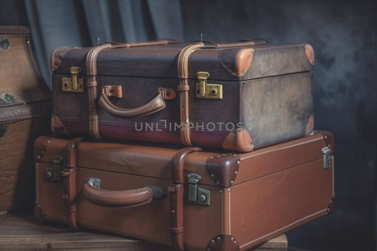 Vintage old classic travel leather suitcases on background. 90's concepts. Vintage style filtered photo. Concept on the theme of history, nostalgia, old age. Retro style.