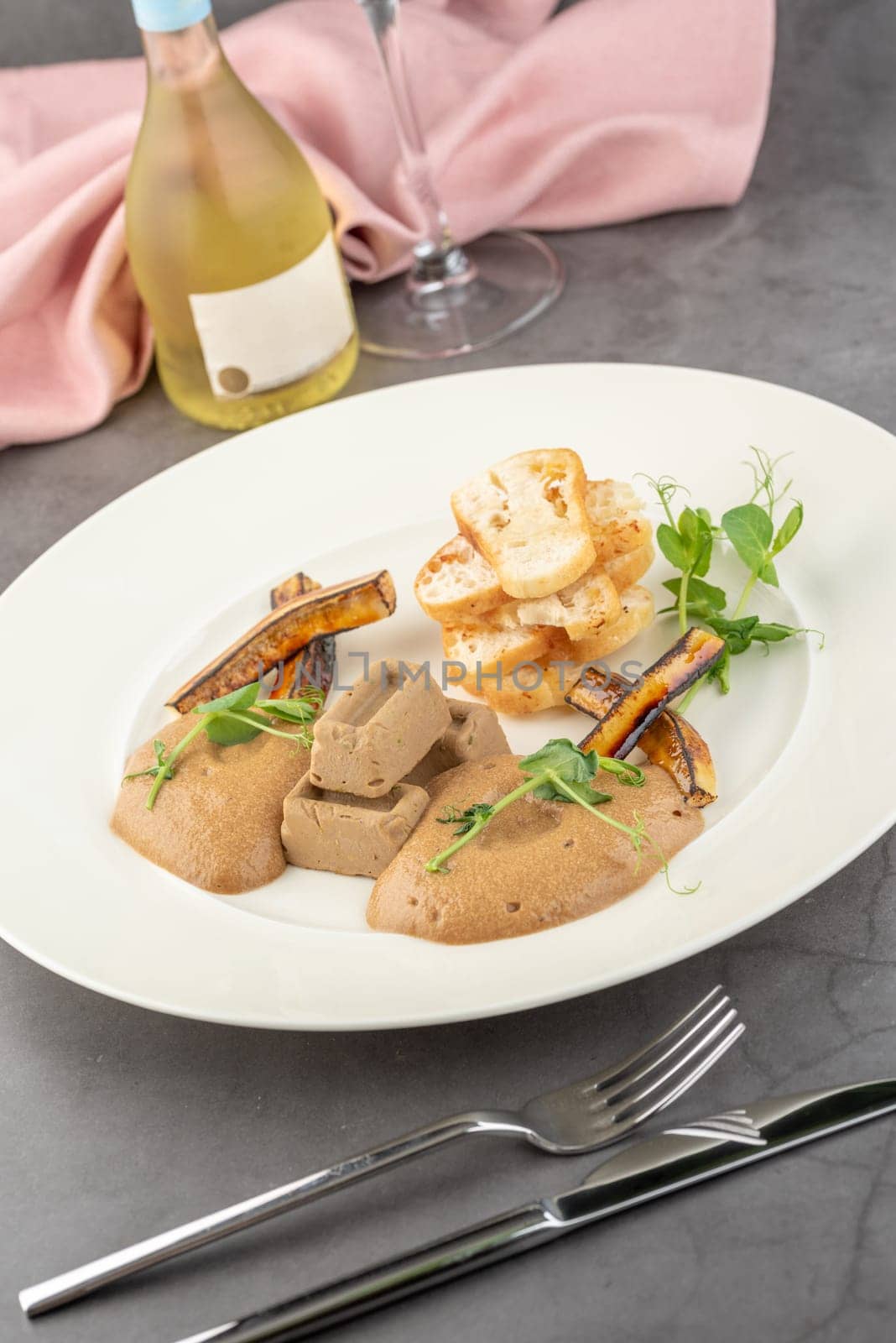 Foie gras with sauce and crispy bread on a white porcelain plate by Sonat