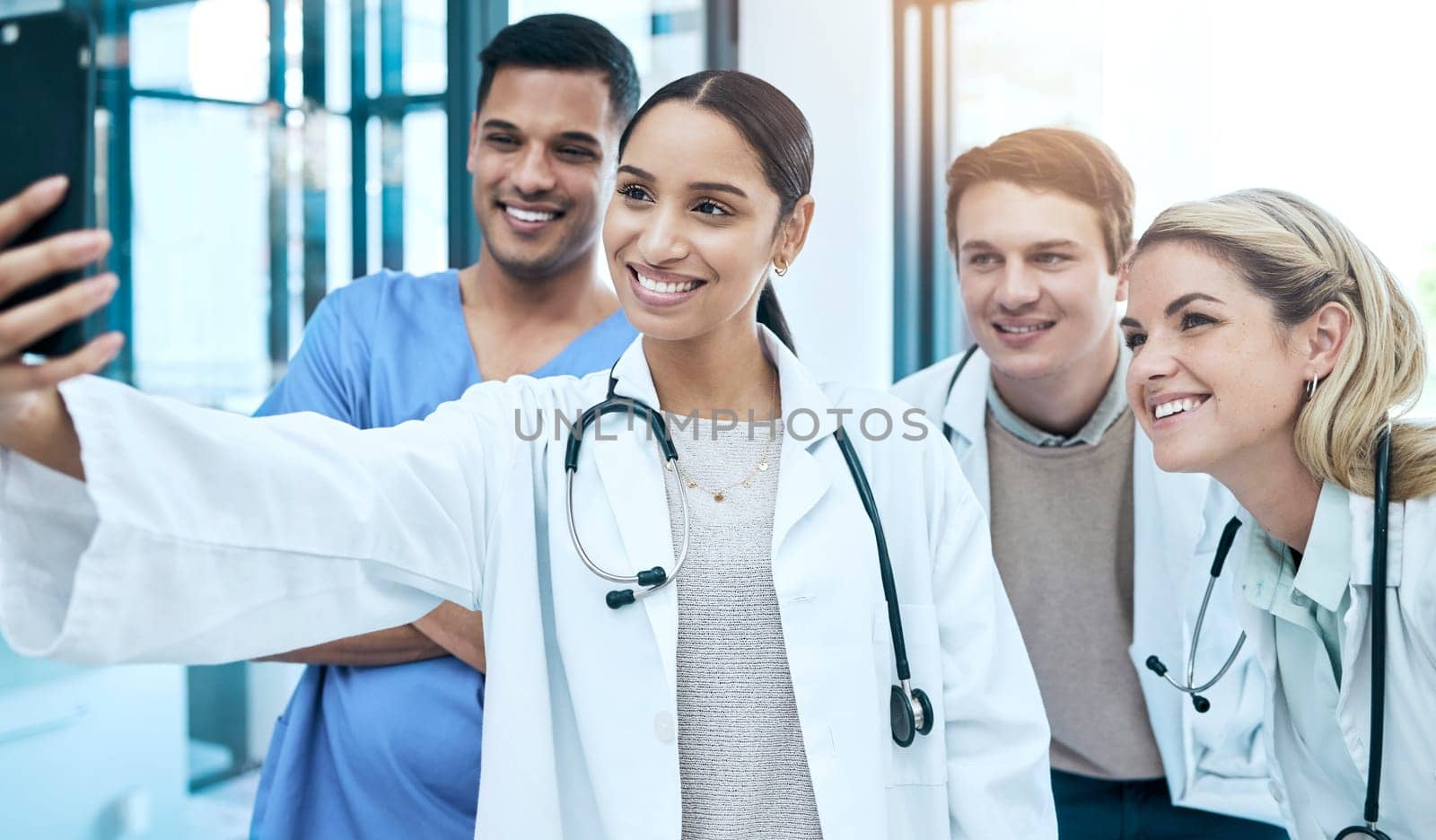 Selfie of nurses, doctors or medical group of people for social media, hospital or healthcare teamwork post. Happy, diversity and young women and men with internship profile picture or career memory.