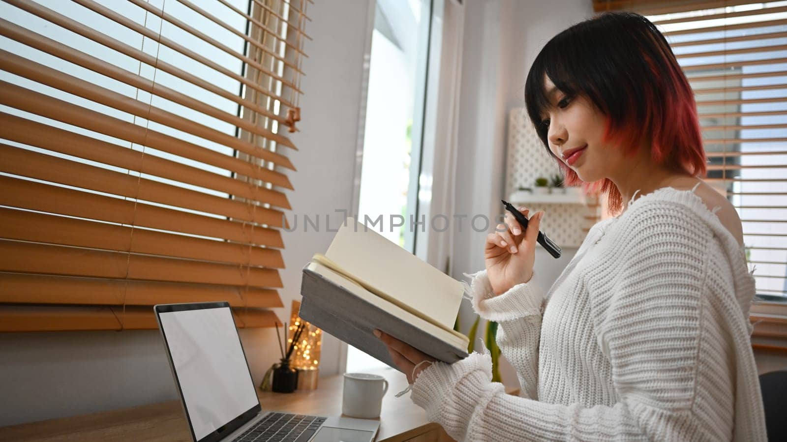 Smiling asian female university student doing homework, watching online tutorial on laptop. E-learning, freelance.