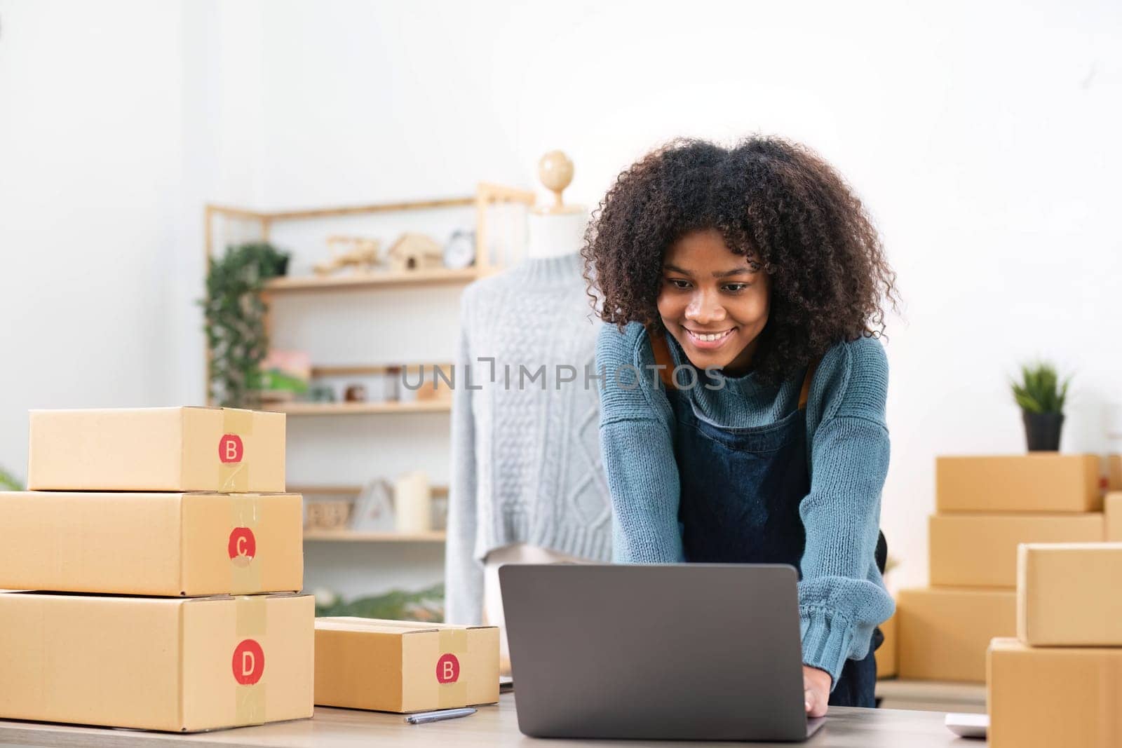 Startup Small business owner entrepreneur. Young asian business woman using mobile phone call receiving purchase order and check product on stock. E-commerce business and shopping online concept...