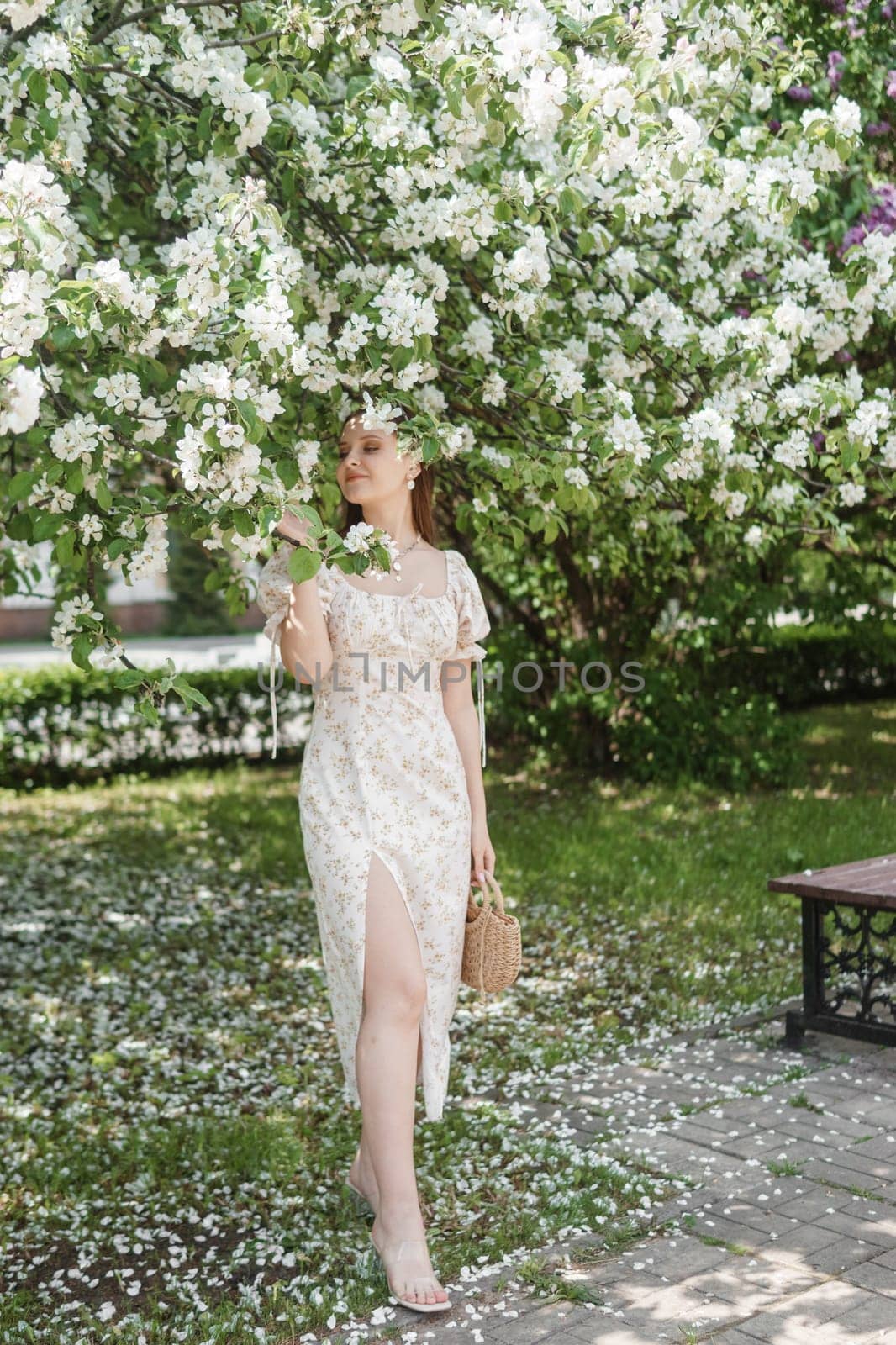 An attractive long-haired woman walks in the spring in the park of blooming apple trees. by Annu1tochka