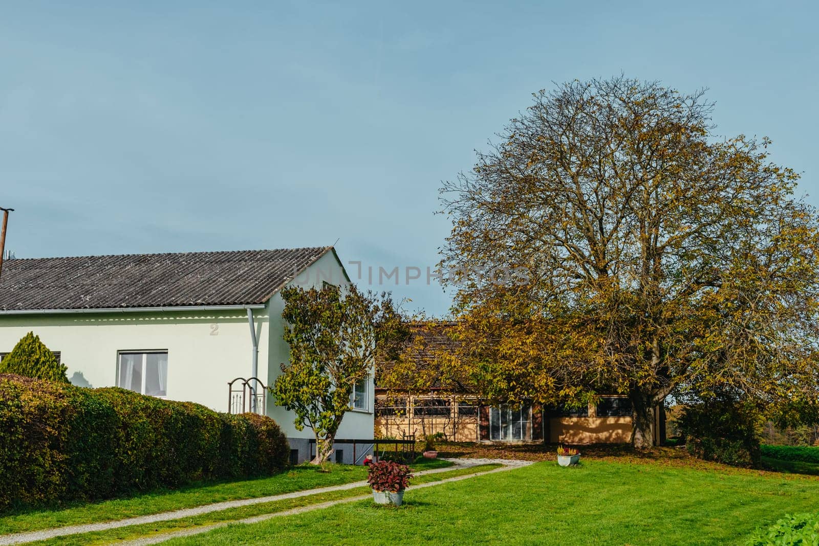 Rural farm in autumn season. Farm in autumn season. Countryside farm house. Farm in autumn scene. Rural scene with houses at the field under cloudy sky in `October. Field in first plan