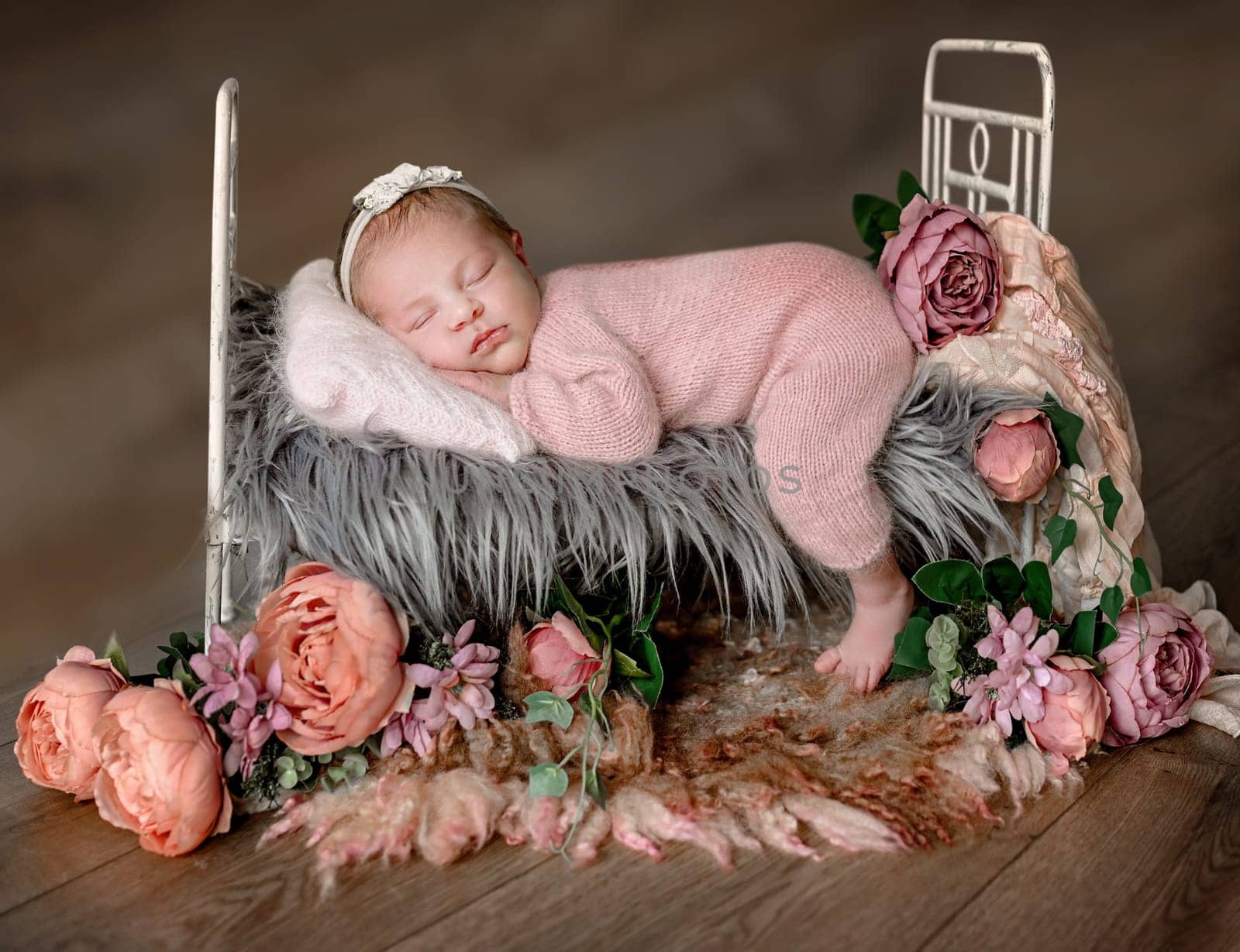 Newborn baby girl sleeping in tiny bed with peony flowers decoration. Cute infant child kid napping floral spring portrait