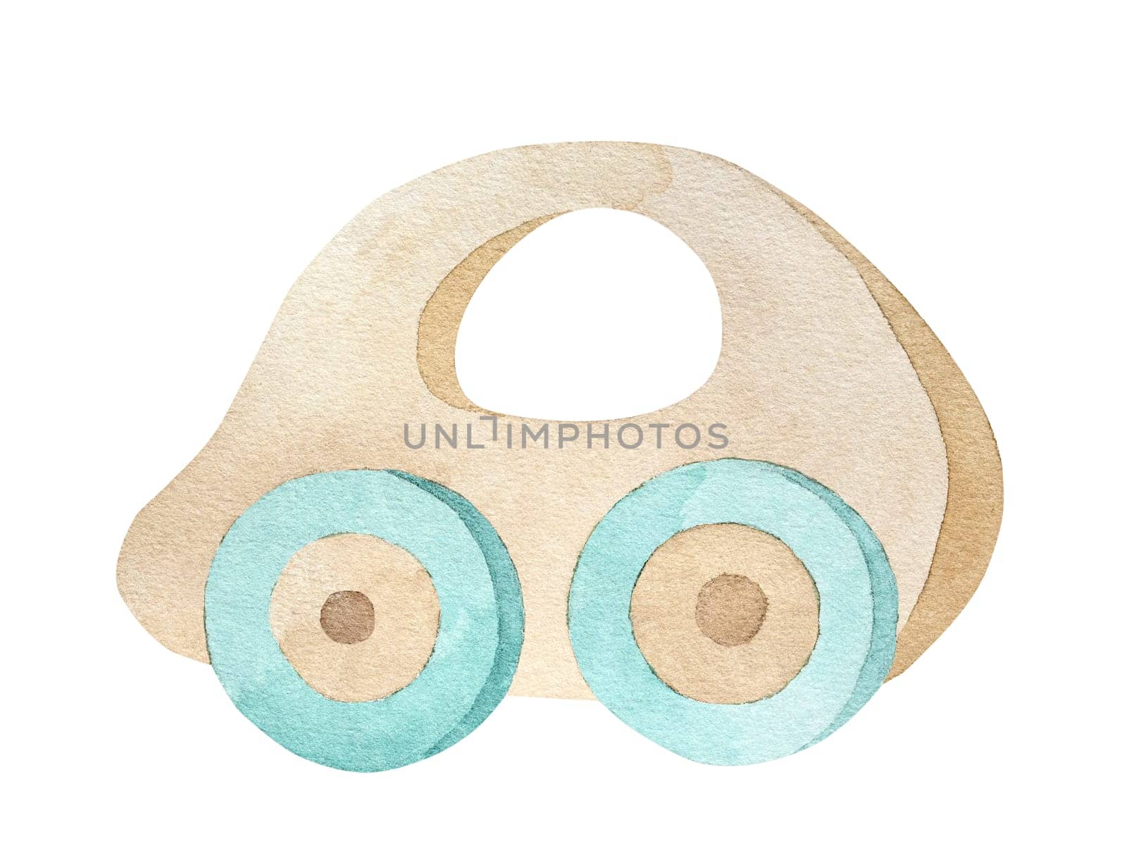 Watercolor wooden toy car for infant baby. Automobile from eco natural material for child kid development and game