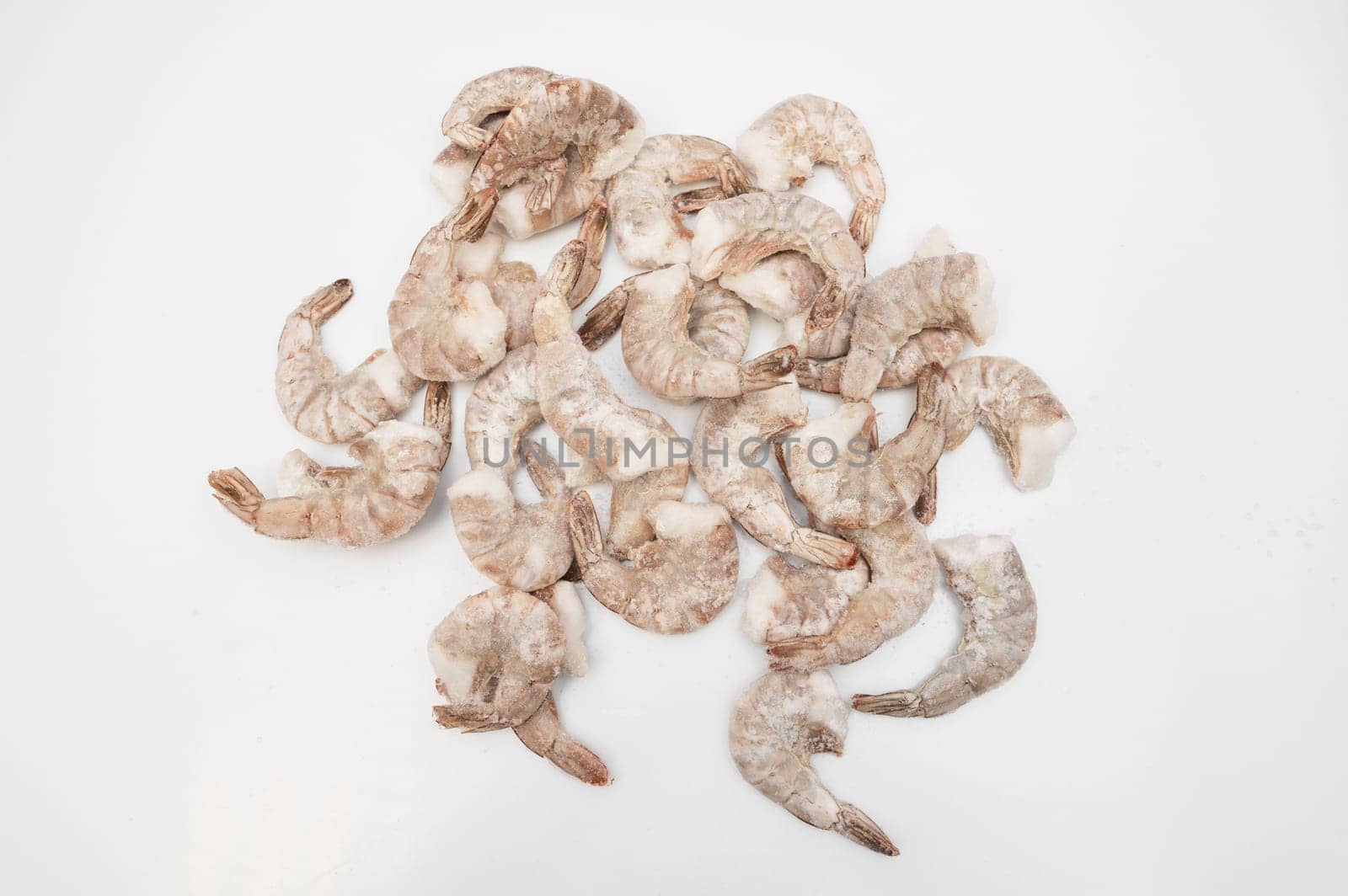 Frozen big king size shrimp in fridge at the fish market. Healthy eating and fish market concept