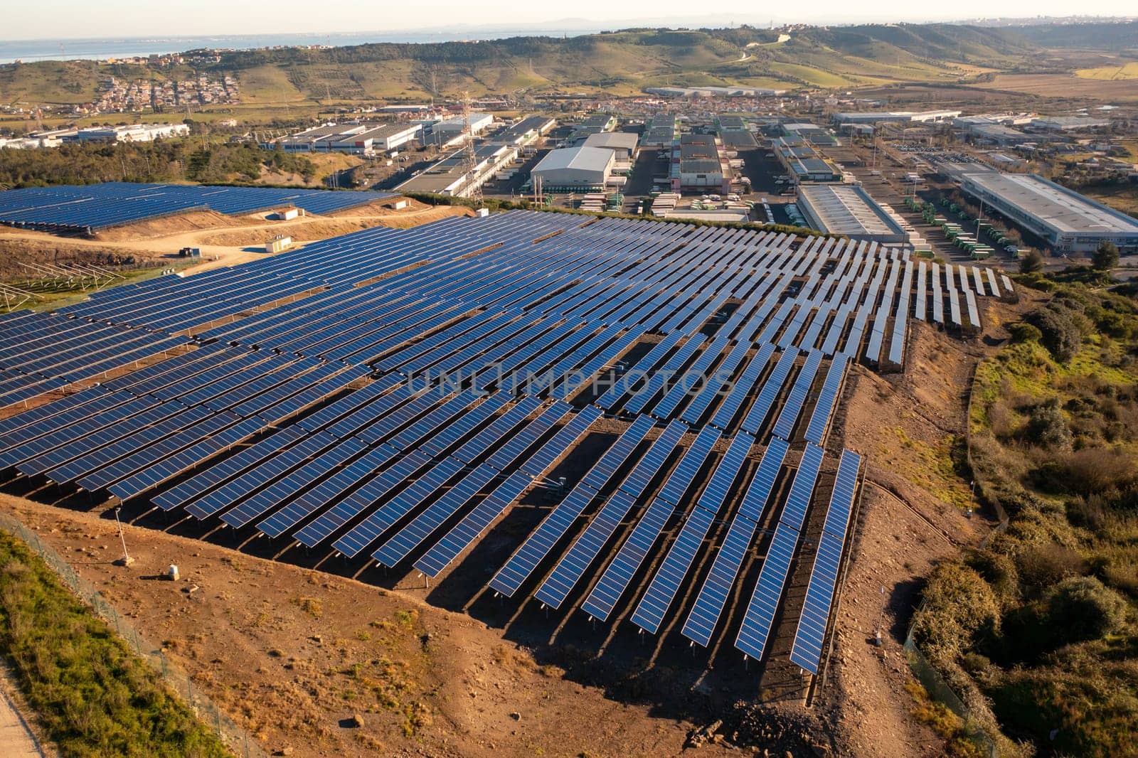 Ecology solar power station panels in fields green energy. Landscape electrical innovation nature environment slow motion