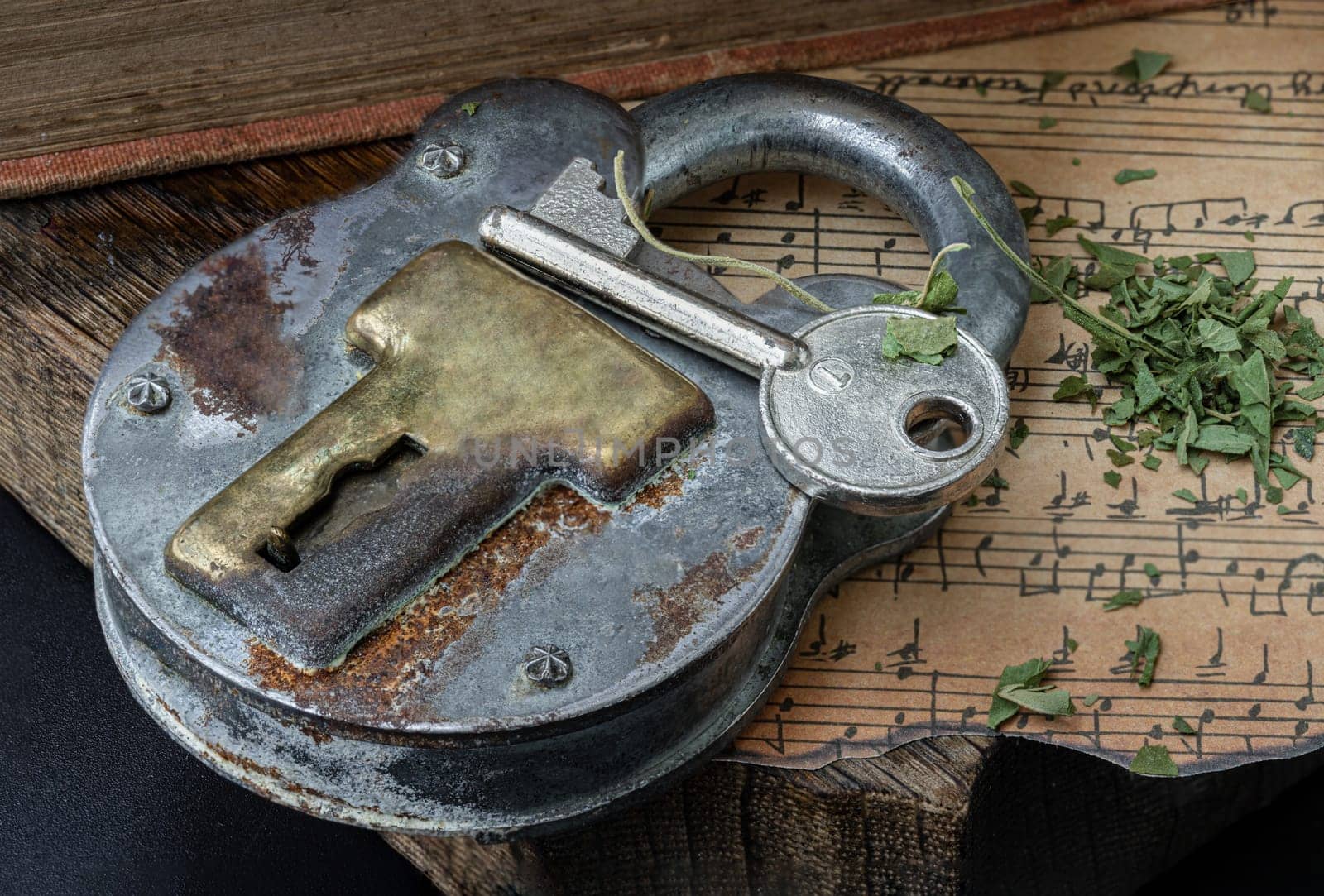 Bangkok,Thai - Mar 17, 2023 : The Key and the Vintage Iron Padlock with chopped cannabis leaves on the old vintage music note with the old wooden plank background.