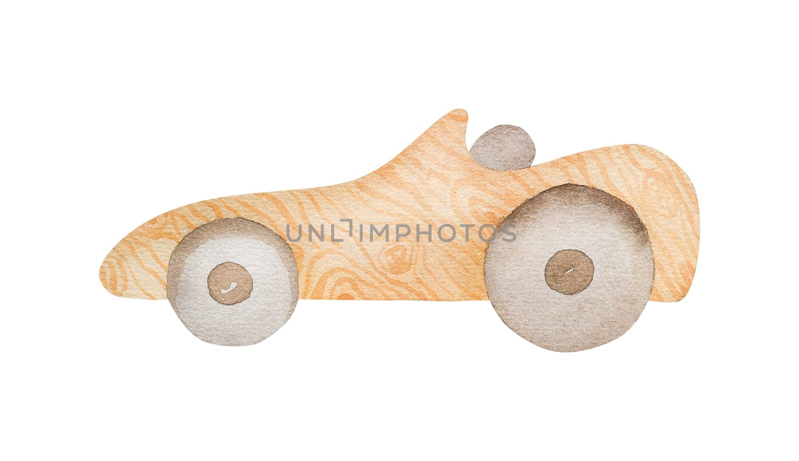 Watercolor wooden toy car for infant baby. Automobile from eco natural material for child kid development and game