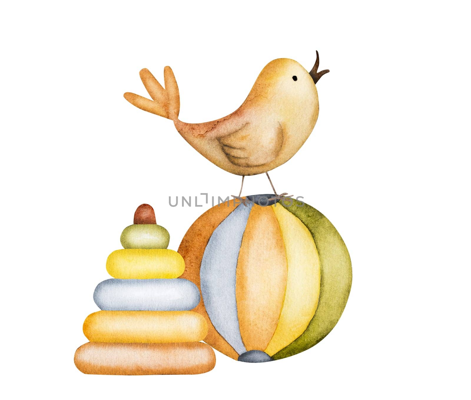 Child toys pyramide and ball with bird watercolor painting. Beautiful postcard with playthings for kid baby birthday