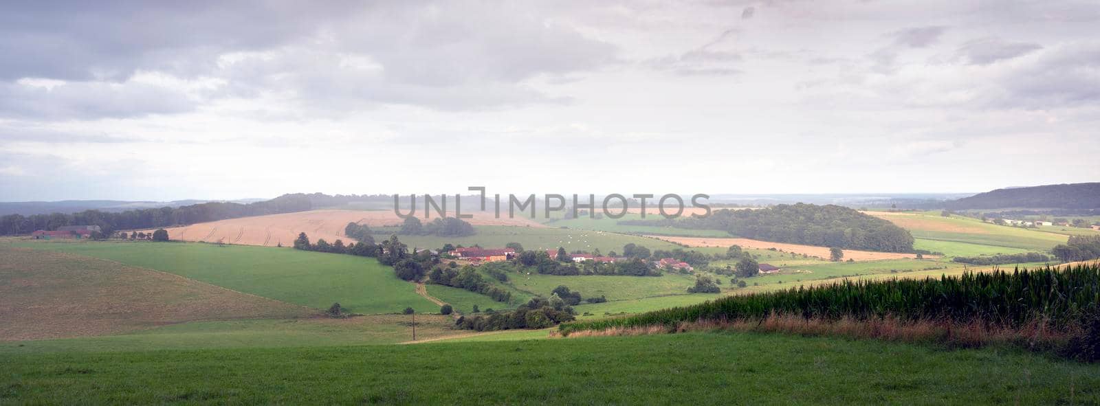 cloudy sky over summer countryside landscape with green meadows and corn fields near village in french ardennes near charleville