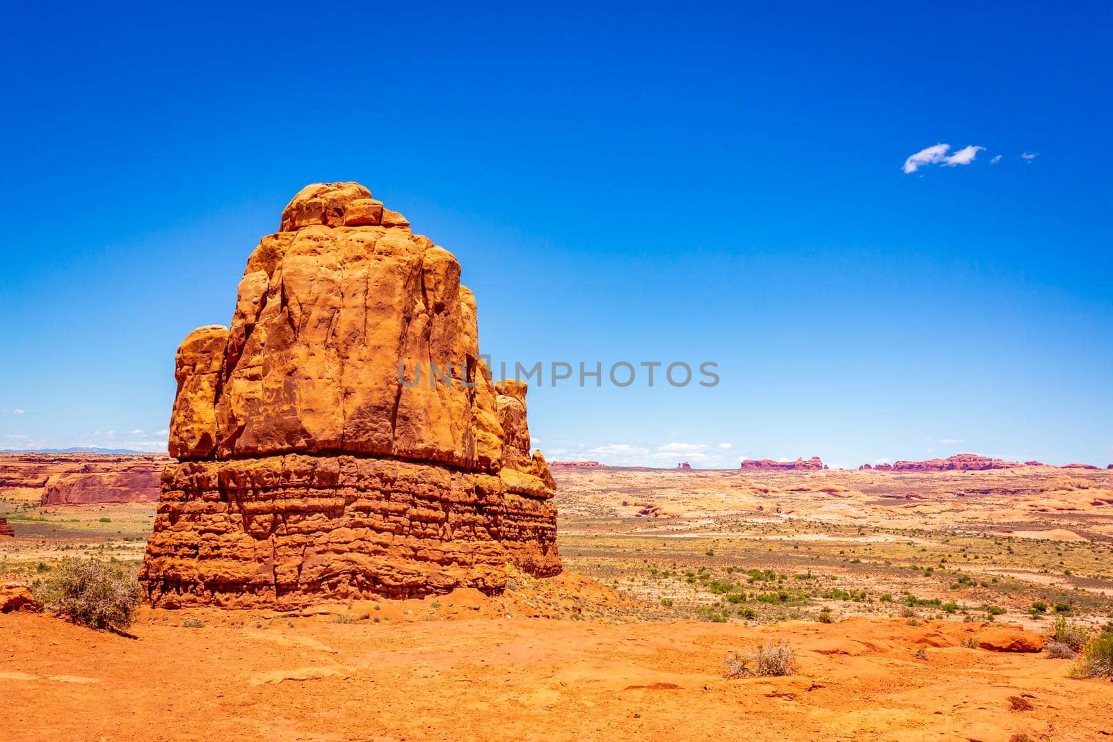 Landscape from La Sal Mountains Viewpoint, including Balanced Rock in distance, Arches National Park, Utah