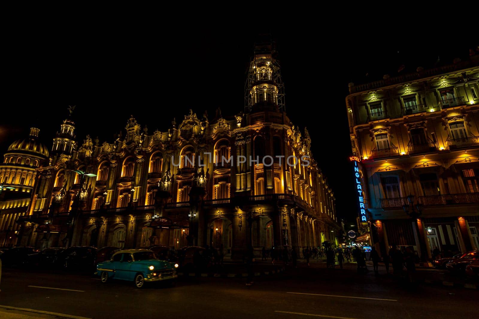 Grand Theater and Hotel Inglaterra in night view, Havana, Cuba