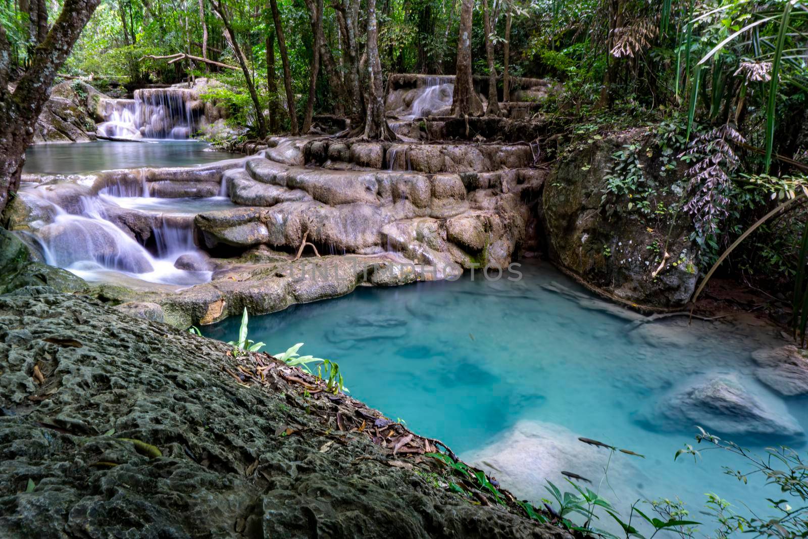 Clean green emerald water from the waterfall Surrounded by small trees - large trees,  green colour, Erawan waterfall, Kanchanaburi province, Thailand
