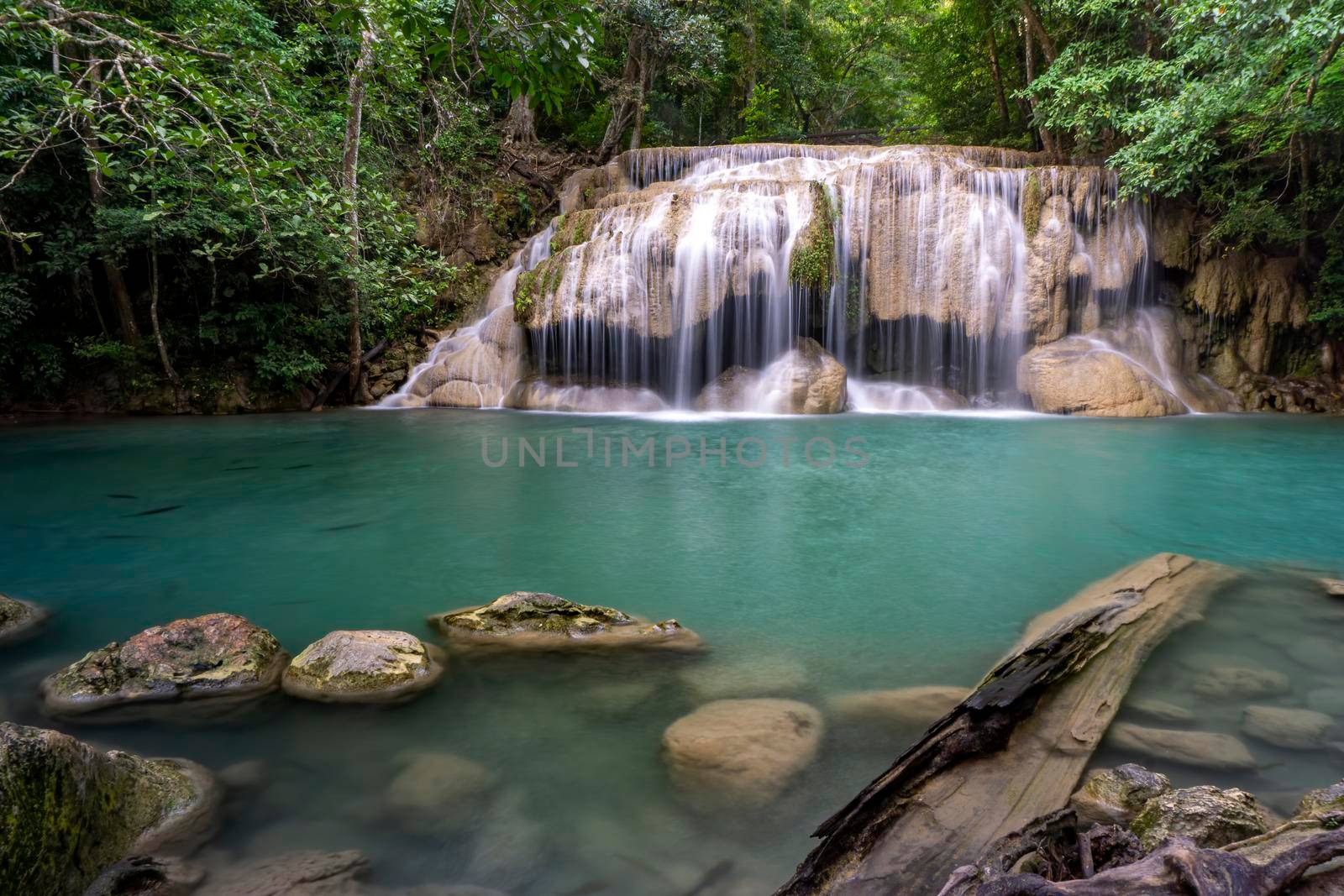 Clean green emerald water from the waterfall Surrounded by small trees - large trees,  green colour, Erawan waterfall, Kanchanaburi province, Thailand