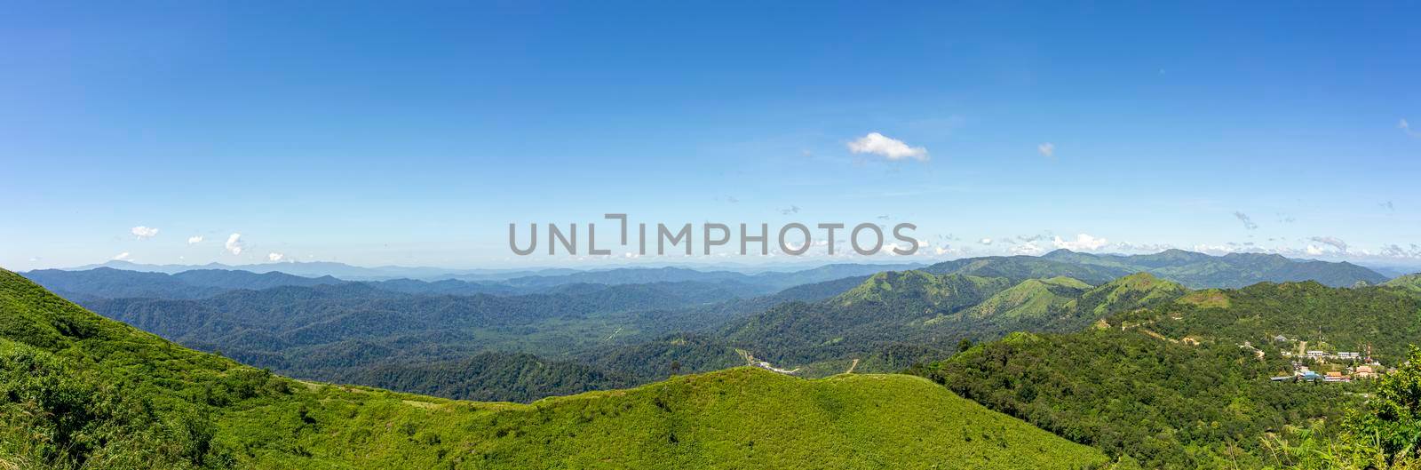 Panorama, The scenery on the afternoon viewpoint. Mountains complex, Clear blue sky. Pilok Mine Viewpoint, Kanchanaburi, Thailand