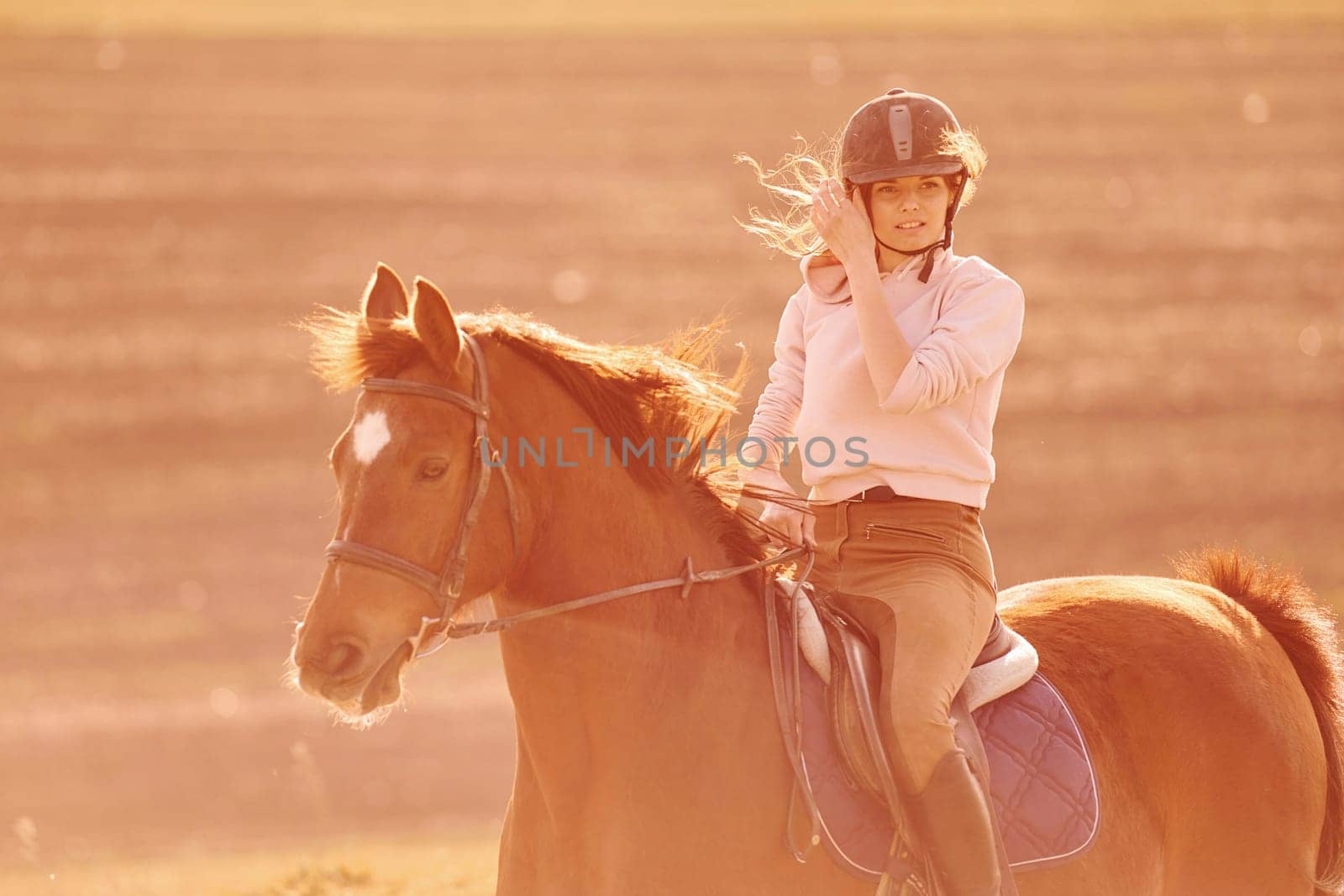 Young woman in protective hat riding her horse in agriculture field at sunny daytime by Standret