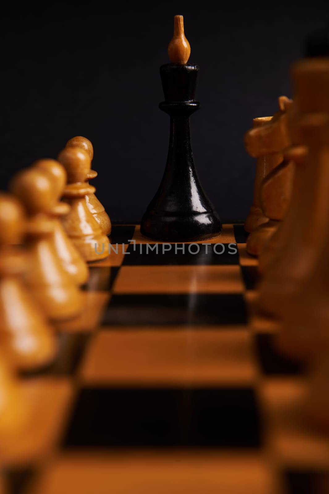 Chess board game concept of leaderships, business ideas and competition and strategy plan success meaning. Selective focus on black king chess piece in the middle of chessboard between white pawns