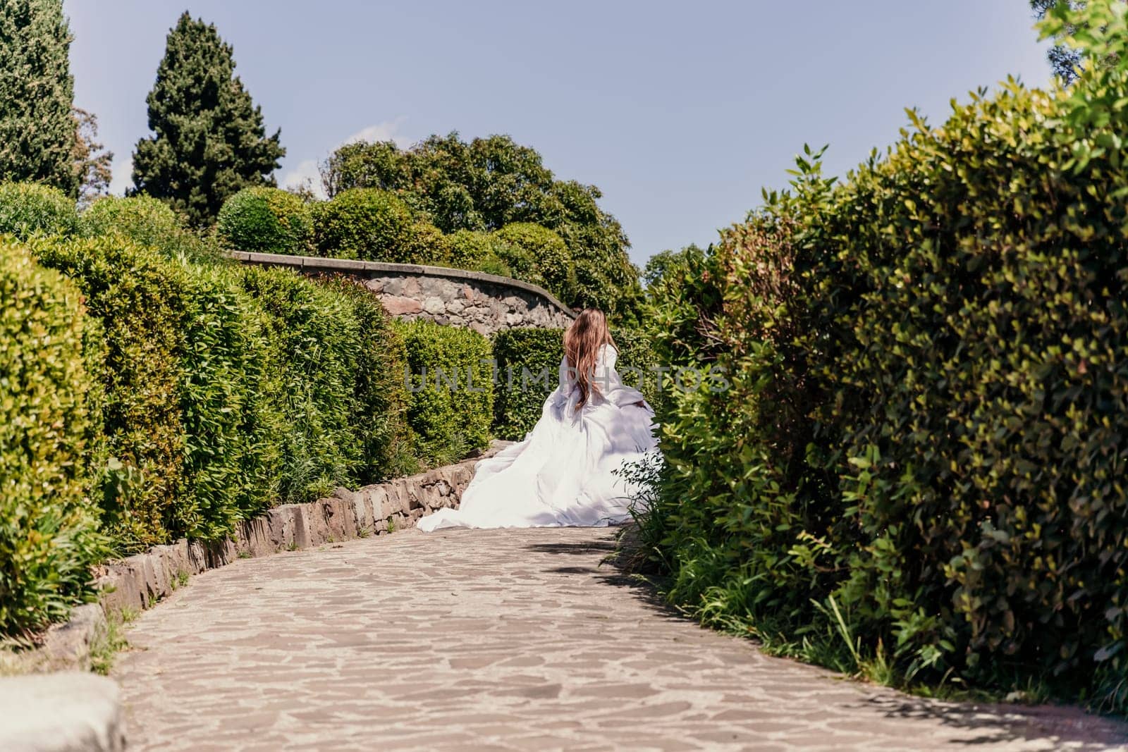 Brunette runs white dress park. A beautiful woman with long brown hair and a long white dress runs along the path along the beautiful bushes in the park, rear view.