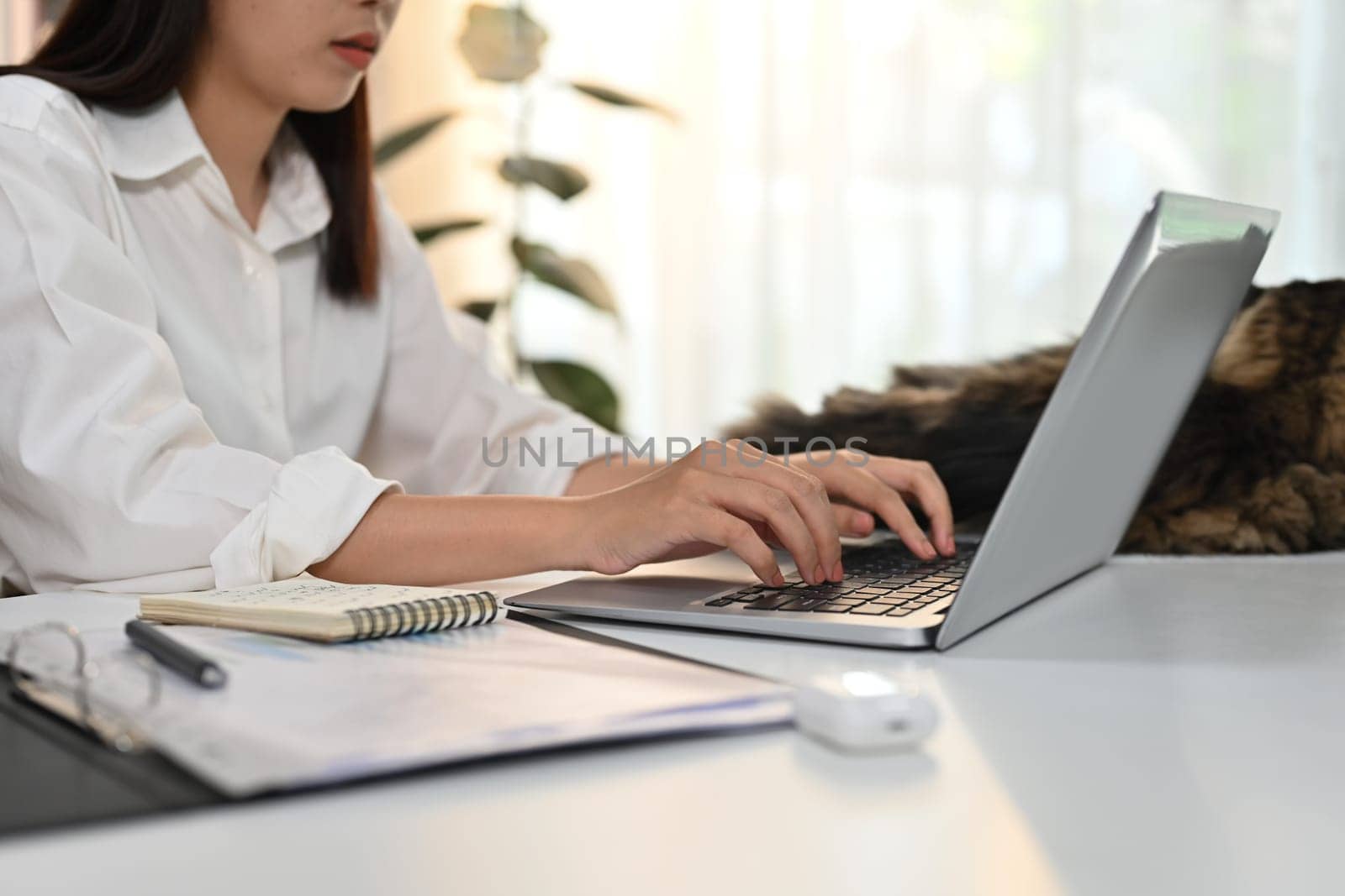 Cropped shot of young woman typing business email, working online on laptop at home office.