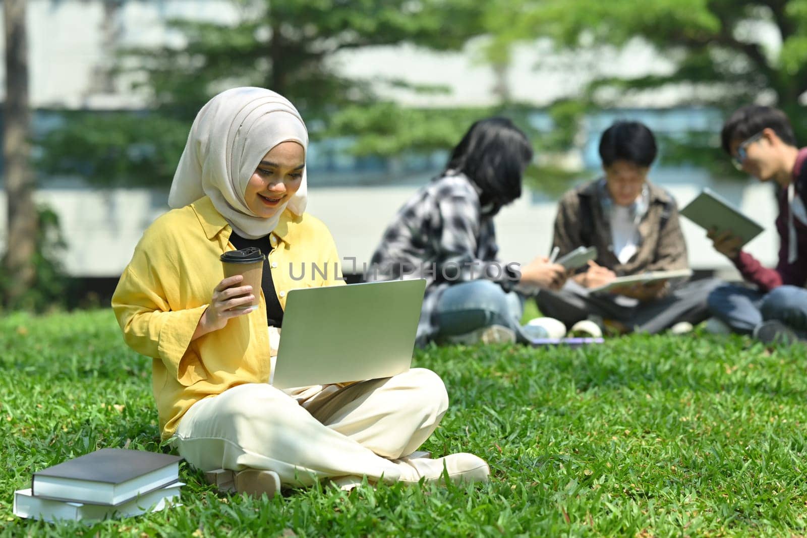 Happy young muslim student using laptop on green meadow in campus. Education technology and community concept.