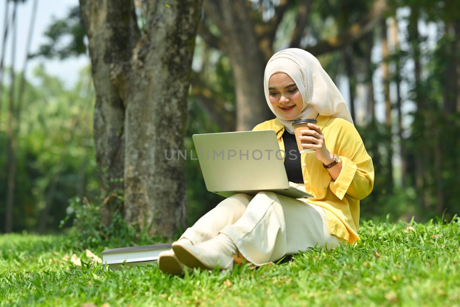 Full length of young asian muslim woman using laptop at summer park, browsing social networks and working online by prathanchorruangsak