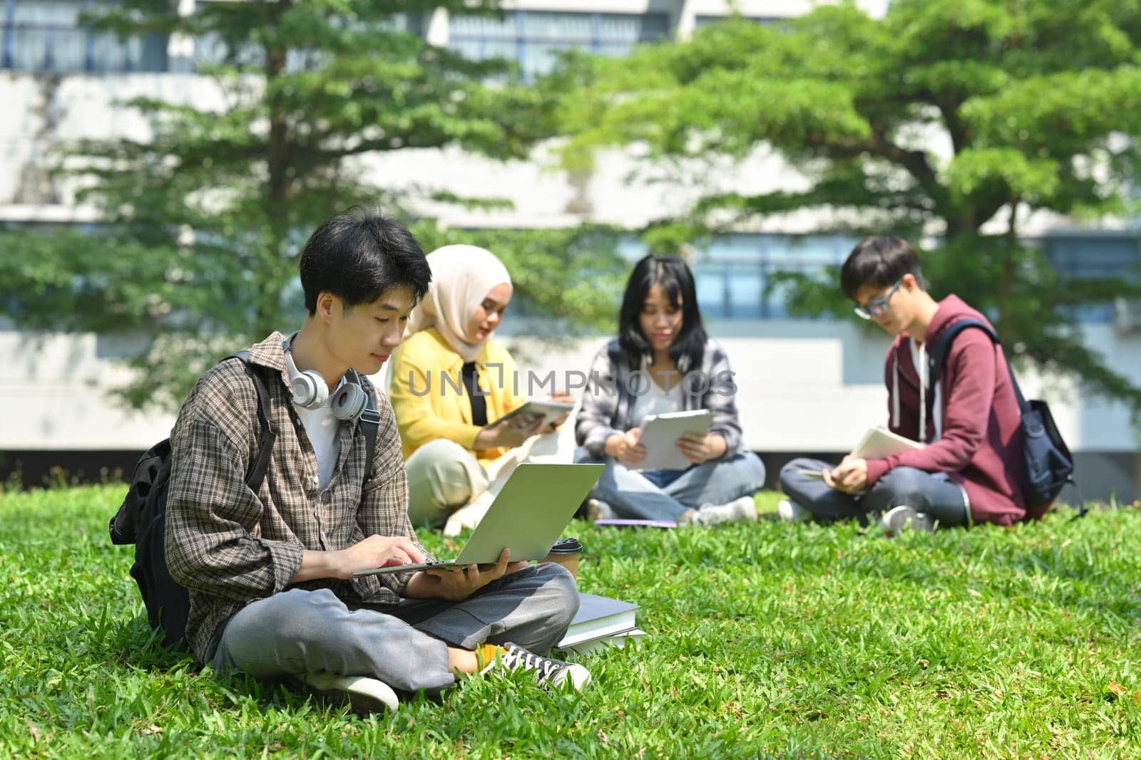 Asian male student using laptop on green grass in campus with friends sitting on background. Education and lifestyle concept.