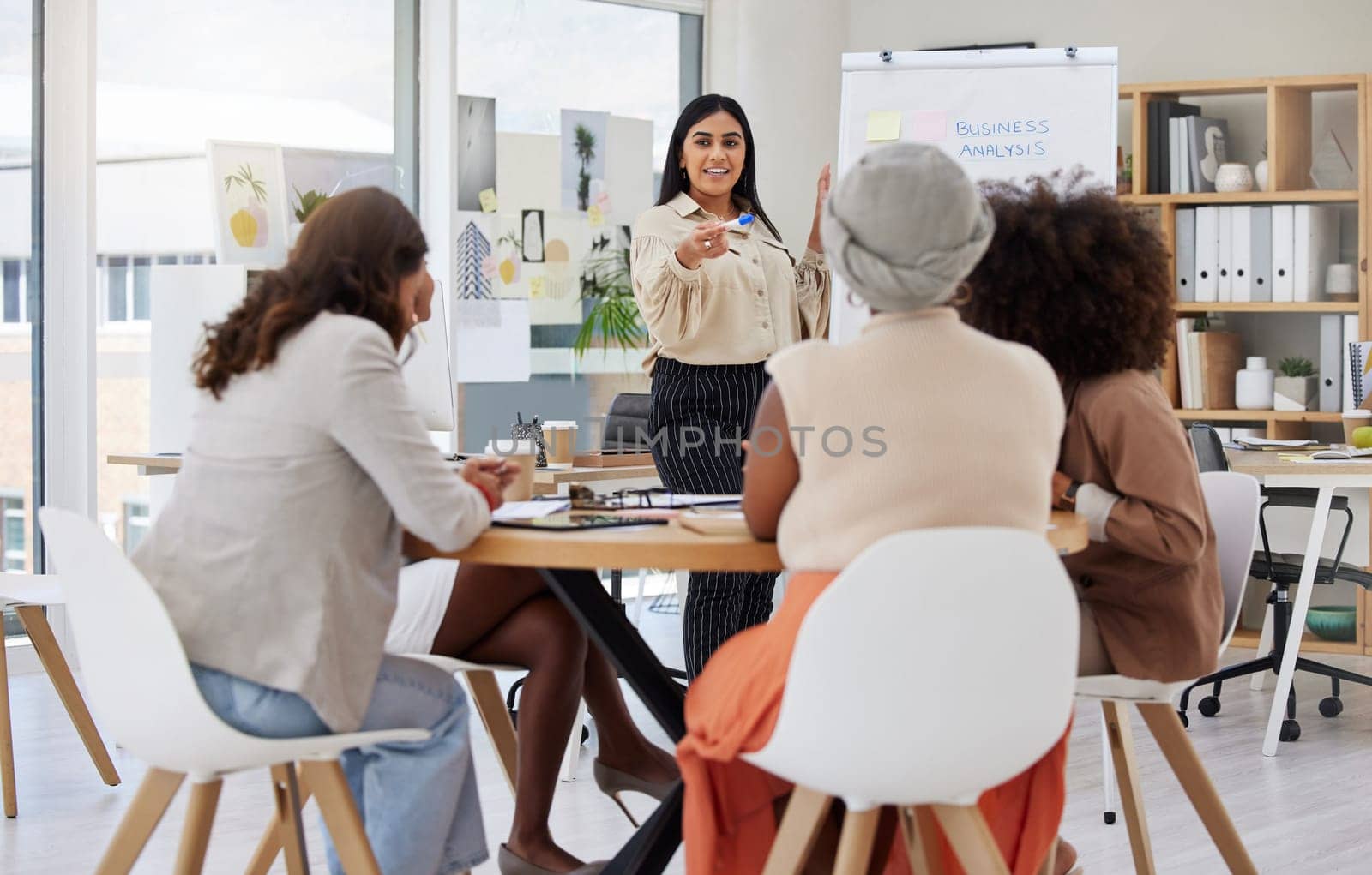Business meeting, woman communication and team of women employee group with presentation. Whiteboard, happy worker and planning of staff from analysis collaboration and teamwork of working team.