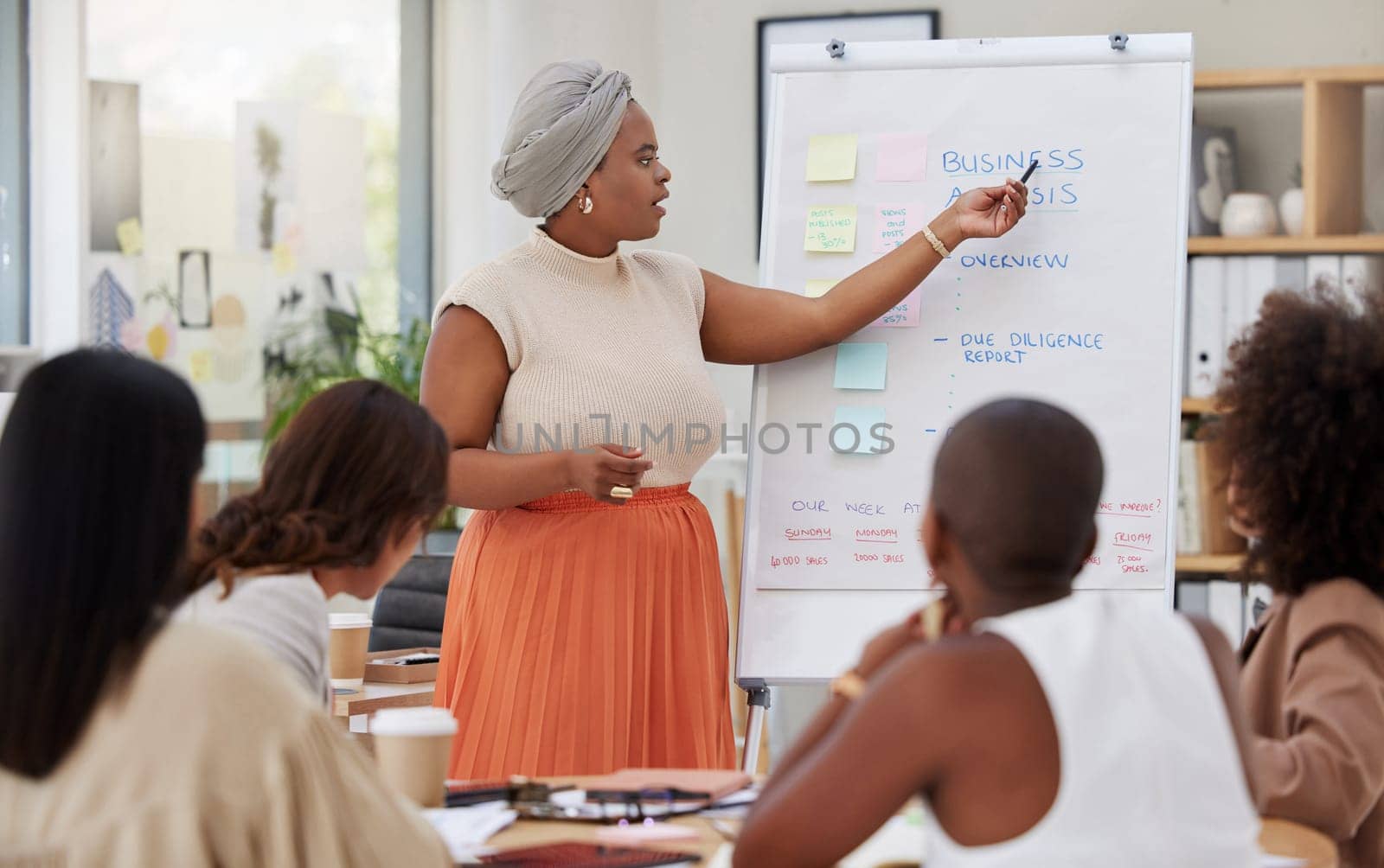 Business meeting, woman speaker and communication from women employee with analysis presentation. Whiteboard, planning worker and staff solution from collaboration and teamwork of working team.