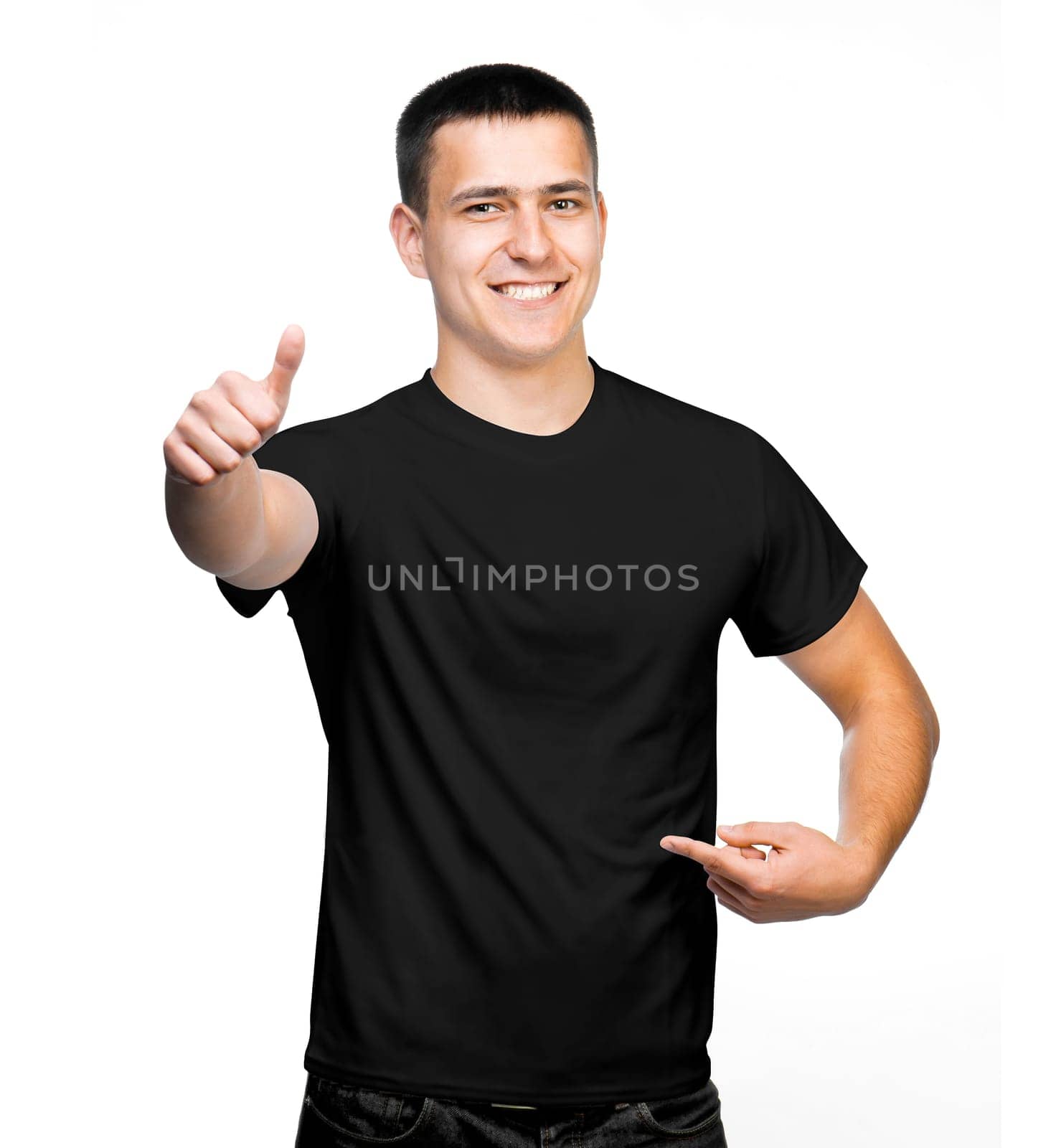 attractive man in black t-shirt with thumbs up