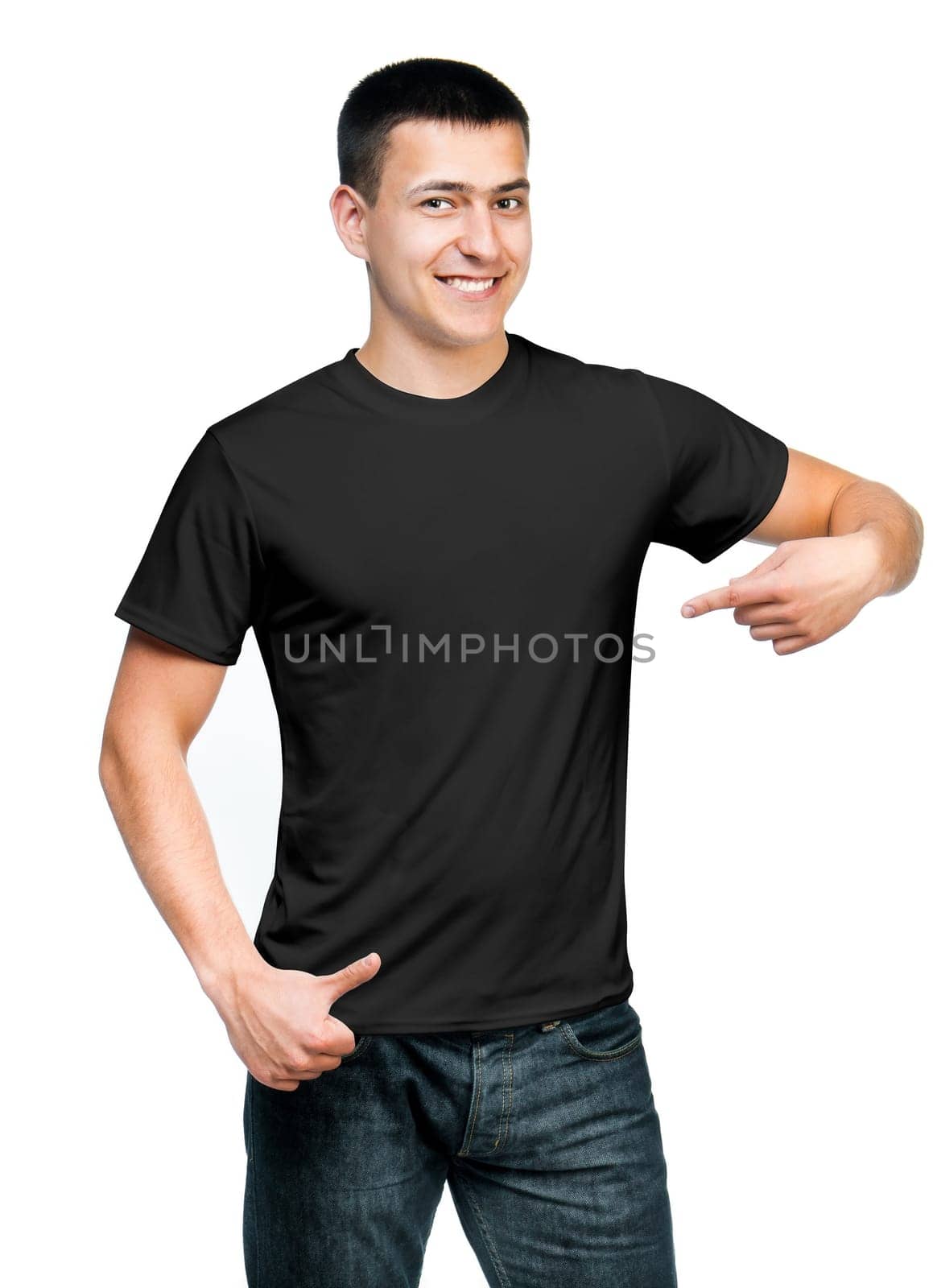 black t-shirt on a young man isolated. Ready for your design