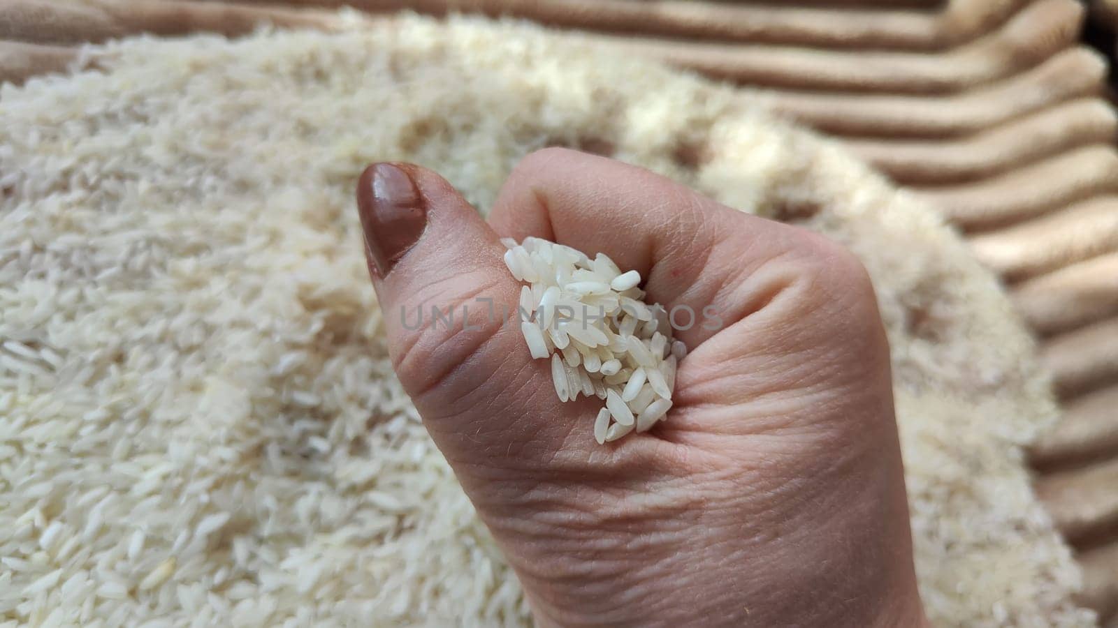 White cereals rice and hand of woman in it. Food for background and texture. Product and food which can be stored for a long time. Partial focus