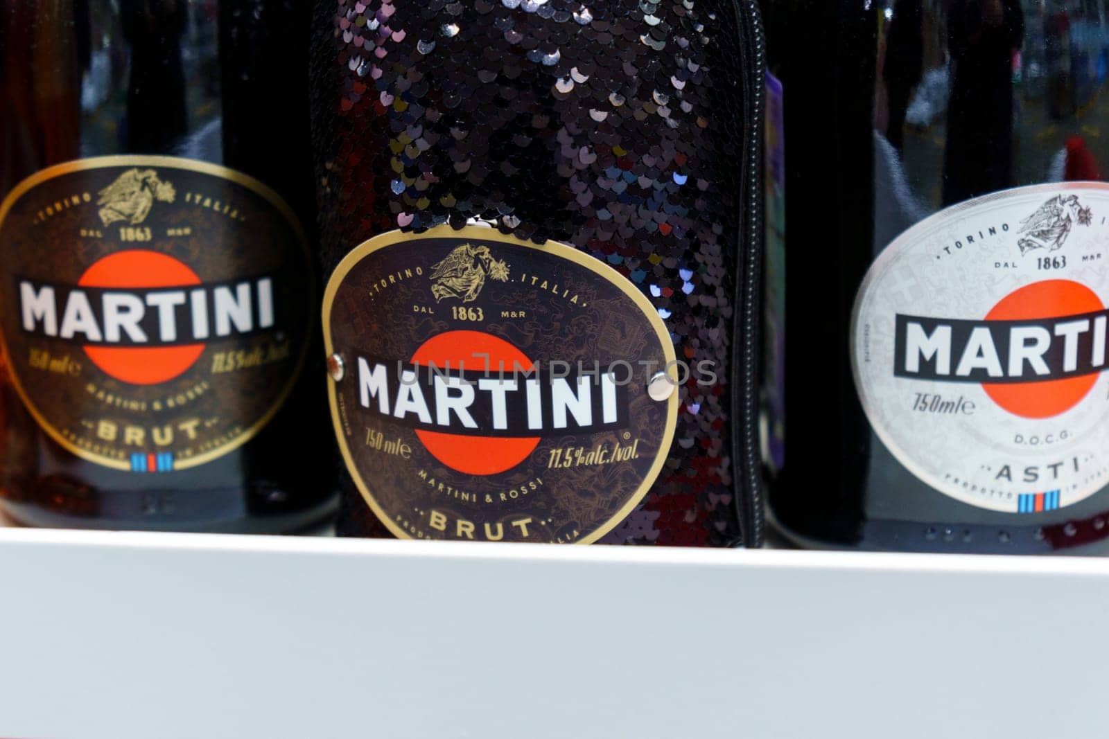 Tyumen, Russia-February 25, 2023: Alcohol on store shelves, Martini close-up. Selective focus