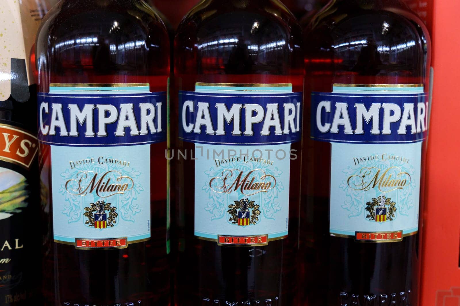 Tyumen, Russia-March 17, 2023: Campari liqueur in the store. Invented in 1860 by Gaspare Campari in Novara, Italy.