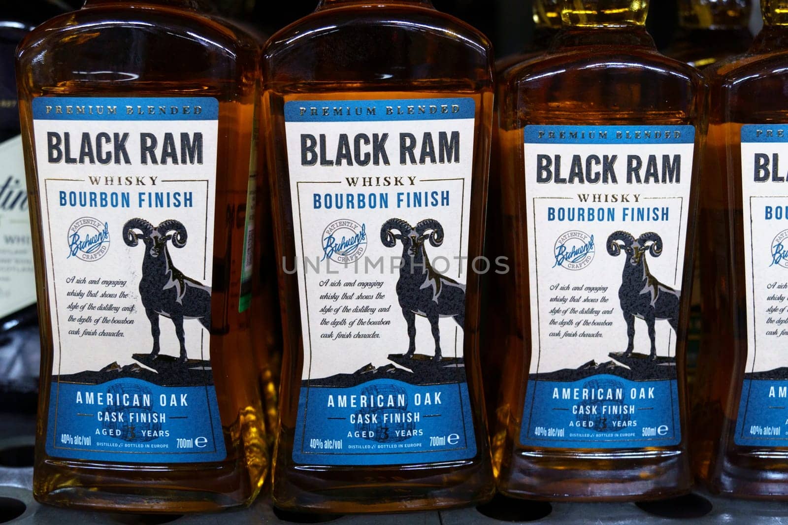 Tyumen, Russia-March 17, 2023: Whiskey brand Black Ram at supermarket shelf. Strong alcoholic beverages. Selective focus