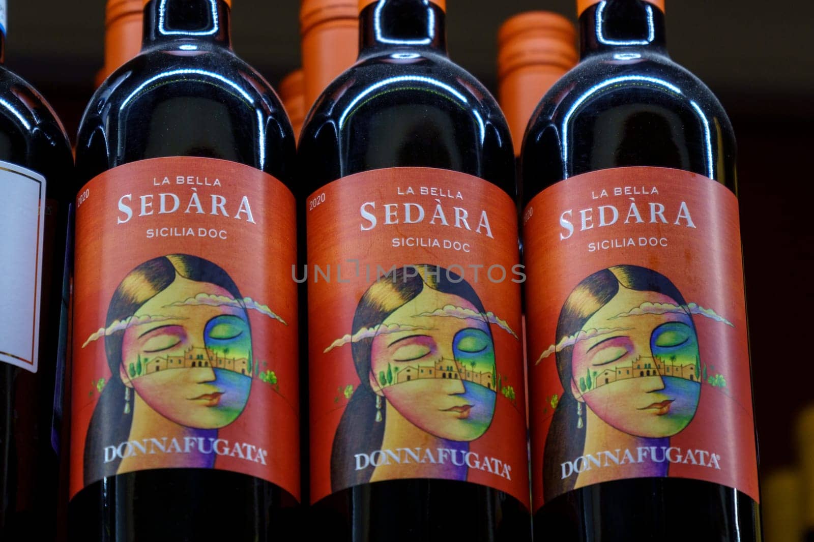Tyumen, Russia-March 17, 2023: Donnafugata wine, La Bella Sedara. A bottle of wine 2020