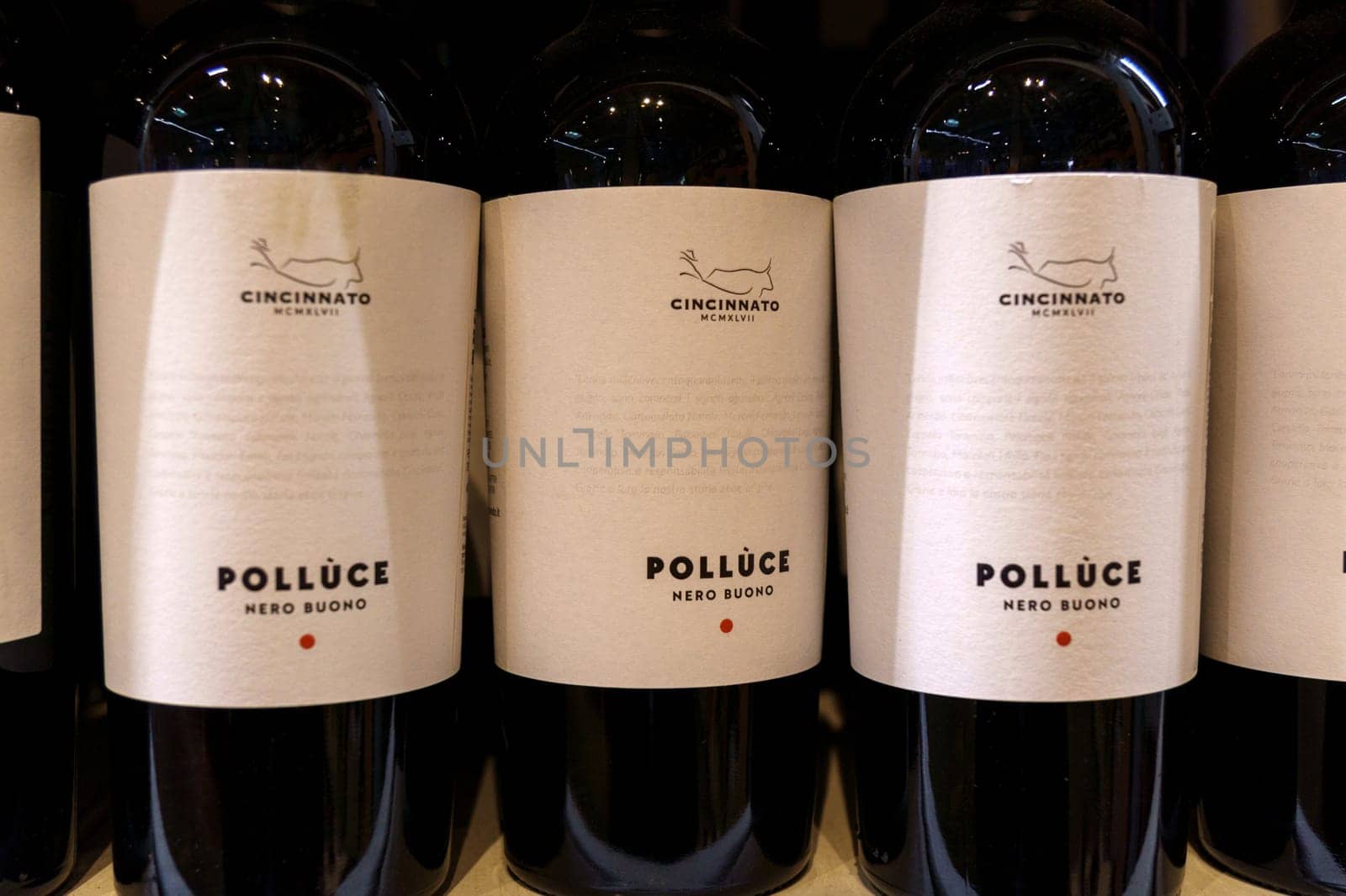 Tyumen, Russia-March 17, 2023: Cincinnato Polluce Nero Buono dry red wine, made from grapes grown in the province of Lazio