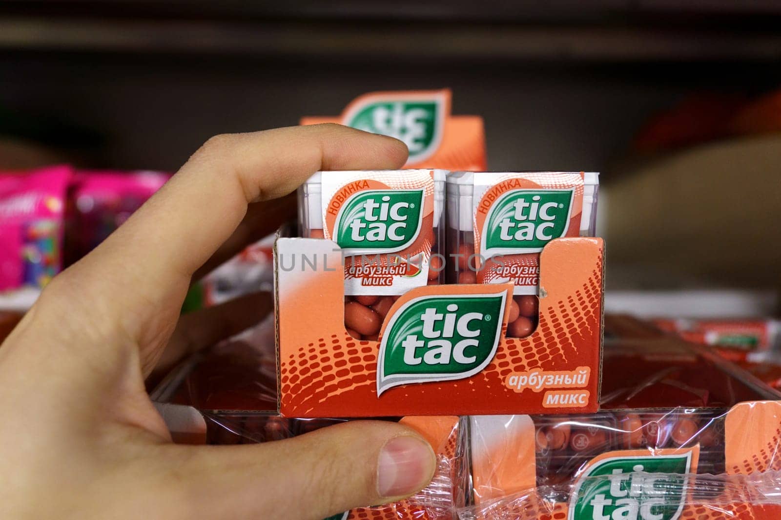 Tyumen, Russia-March 17, 2023: Tic tac are manufactured by Italian confectioner Ferrero and were first produced in 1968. Selective focus