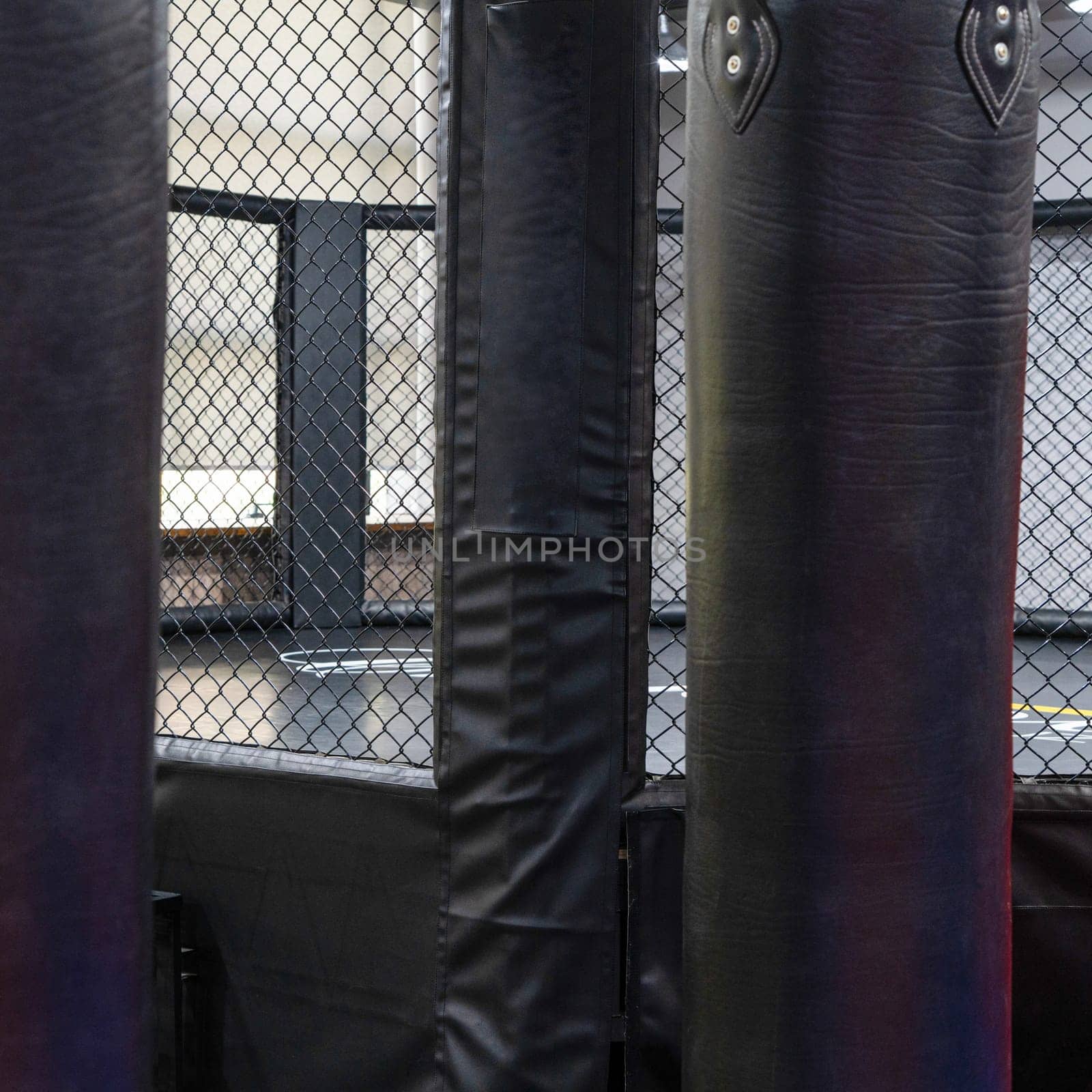 An octagonal kickboxing cage with boxing bags in the sports complex by A_Karim