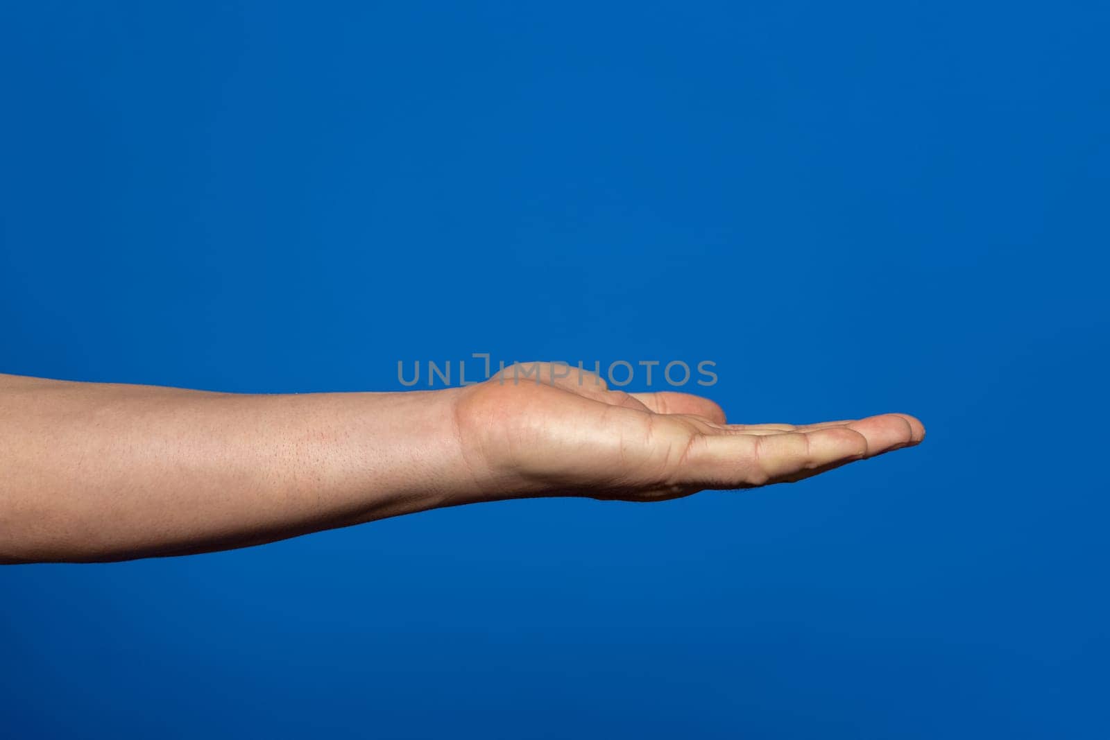 Empty man's hand, palm up on an isolated blue background. Man hand isolated on blue background, hold, grab or catch. Palm up