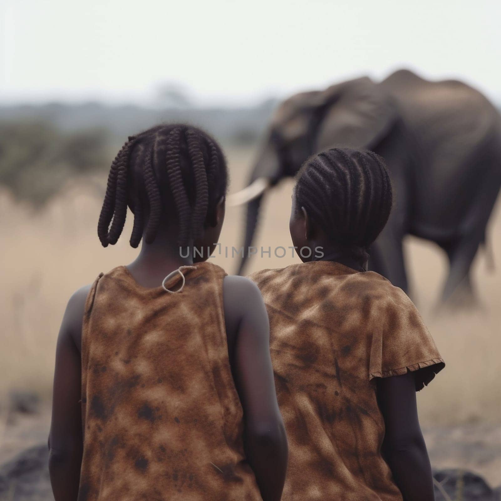 two African girls in national clothes view from the back against the backdrop of nature and elephants walking in the background by Costin