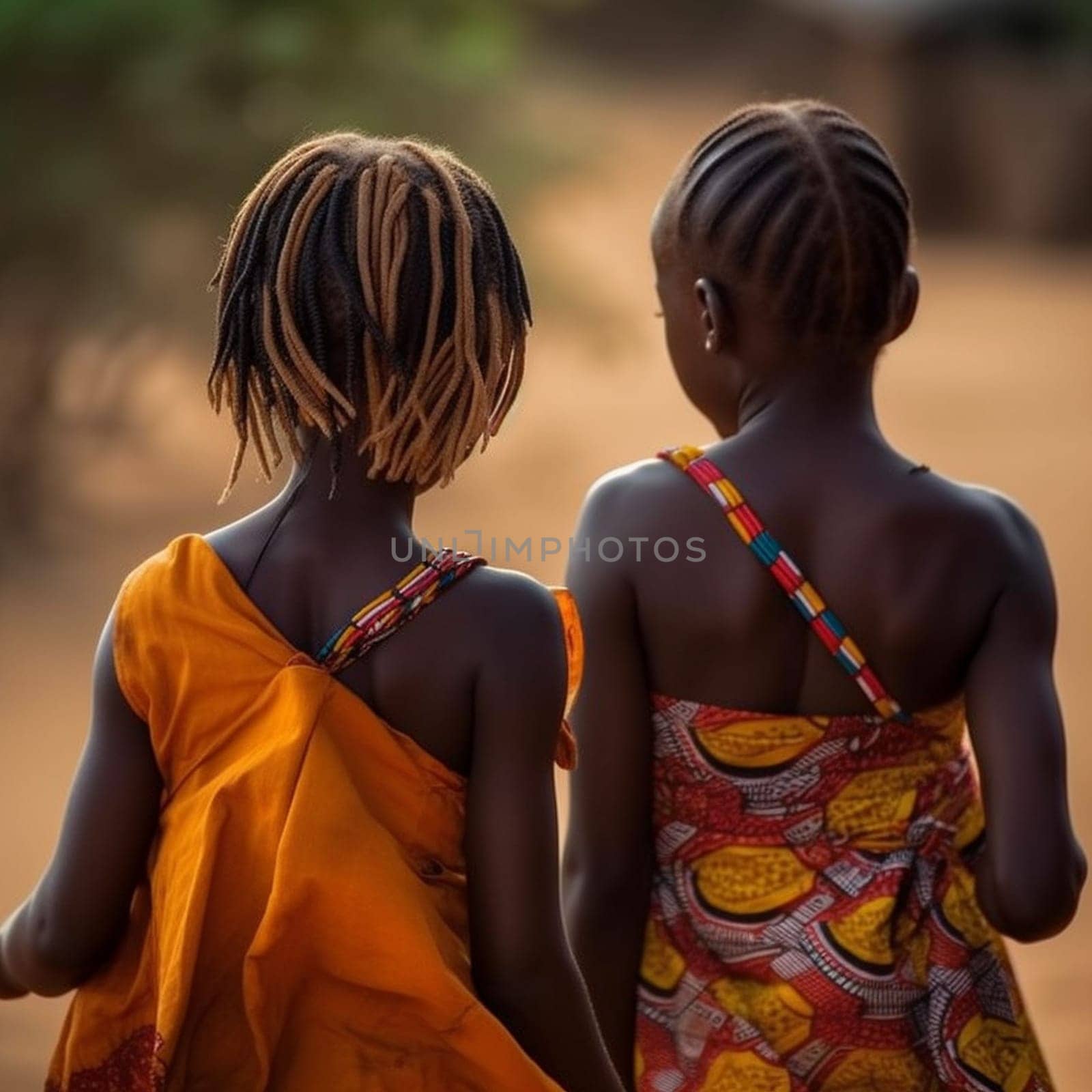 two African girls in national clothes view from the back against the backdrop of nature in the background by Costin