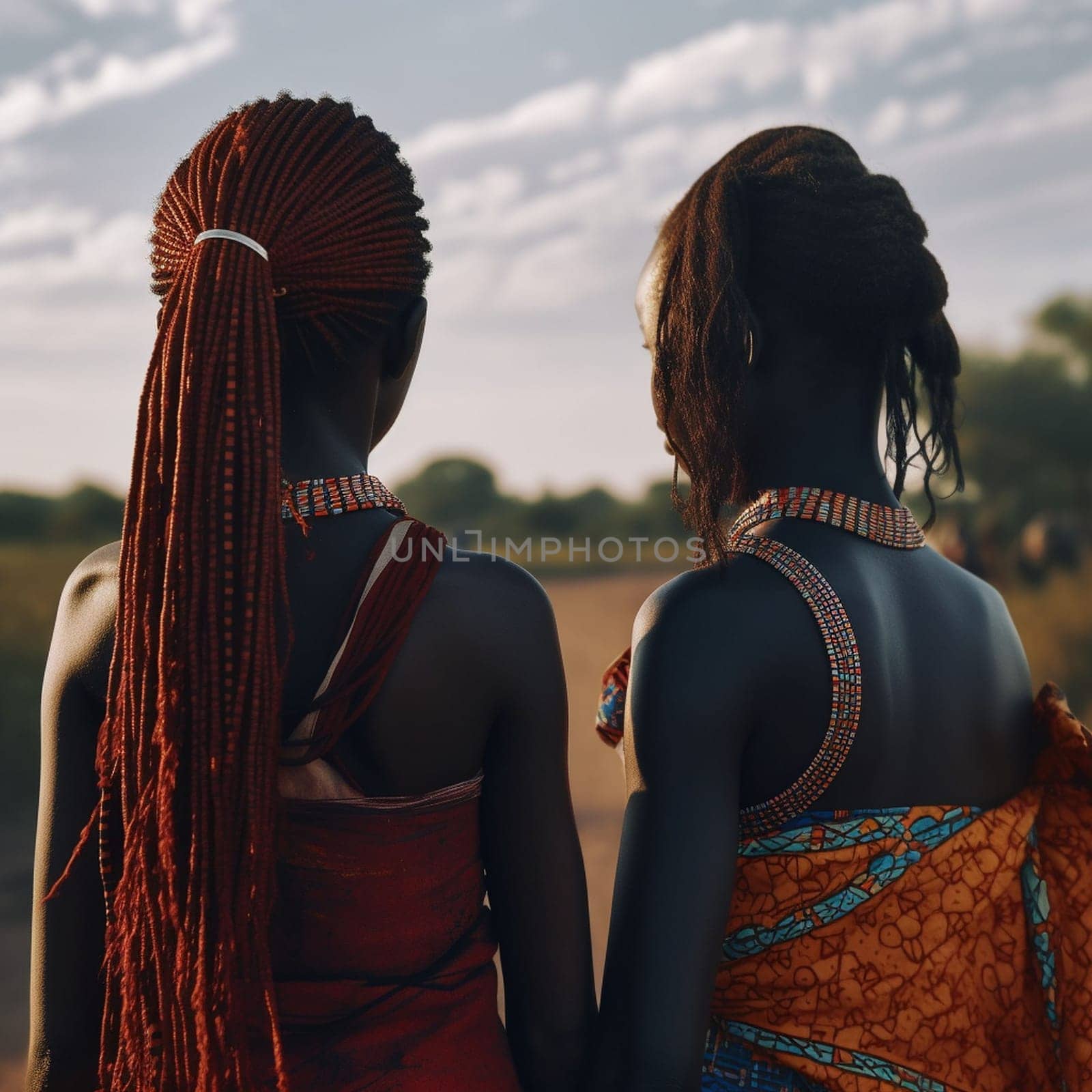 two African girls in national clothes view from the back against the backdrop of nature in the background High quality image