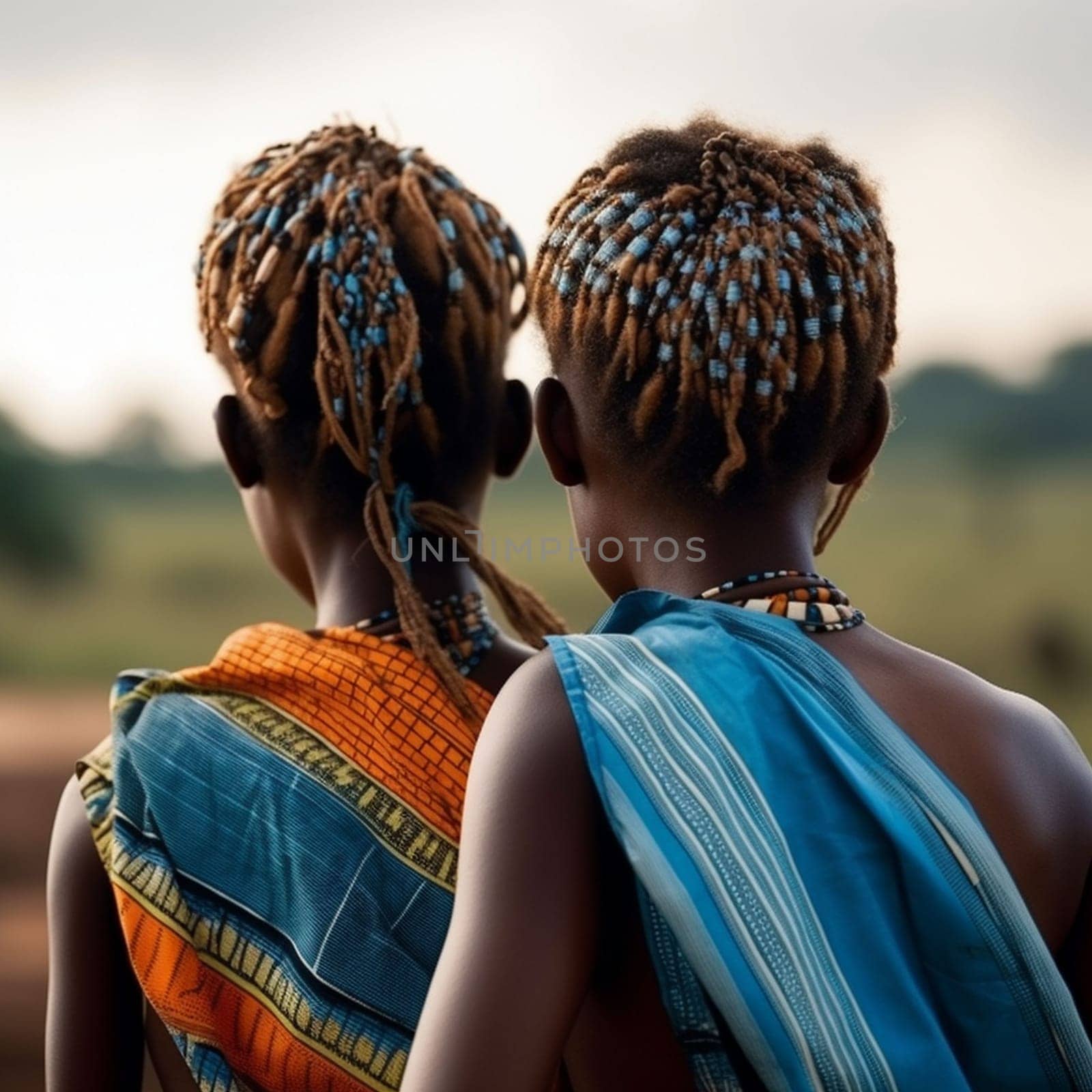 two African girls in national clothes view from the back against the backdrop of nature in the background High quality image