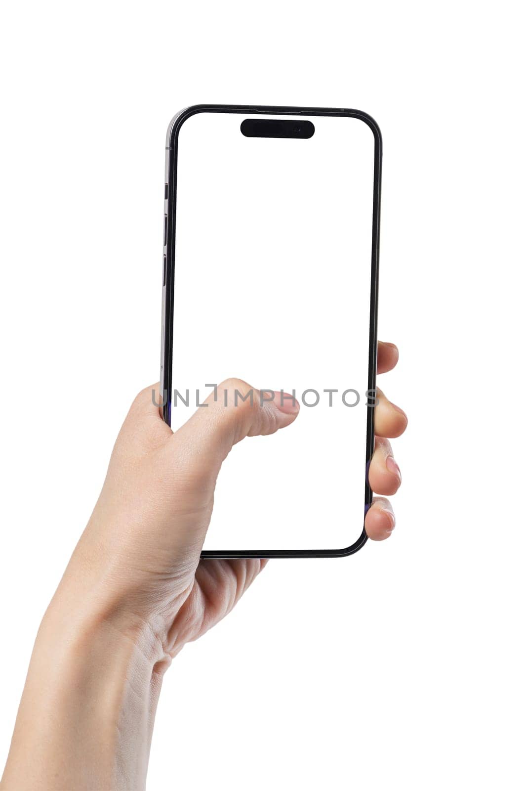 Phone in hand on a white isolated background. A woman holds a phone in her hand close-up and presses the screen of the phone with her finger. Blank white phone screen with copy space. by SERSOL