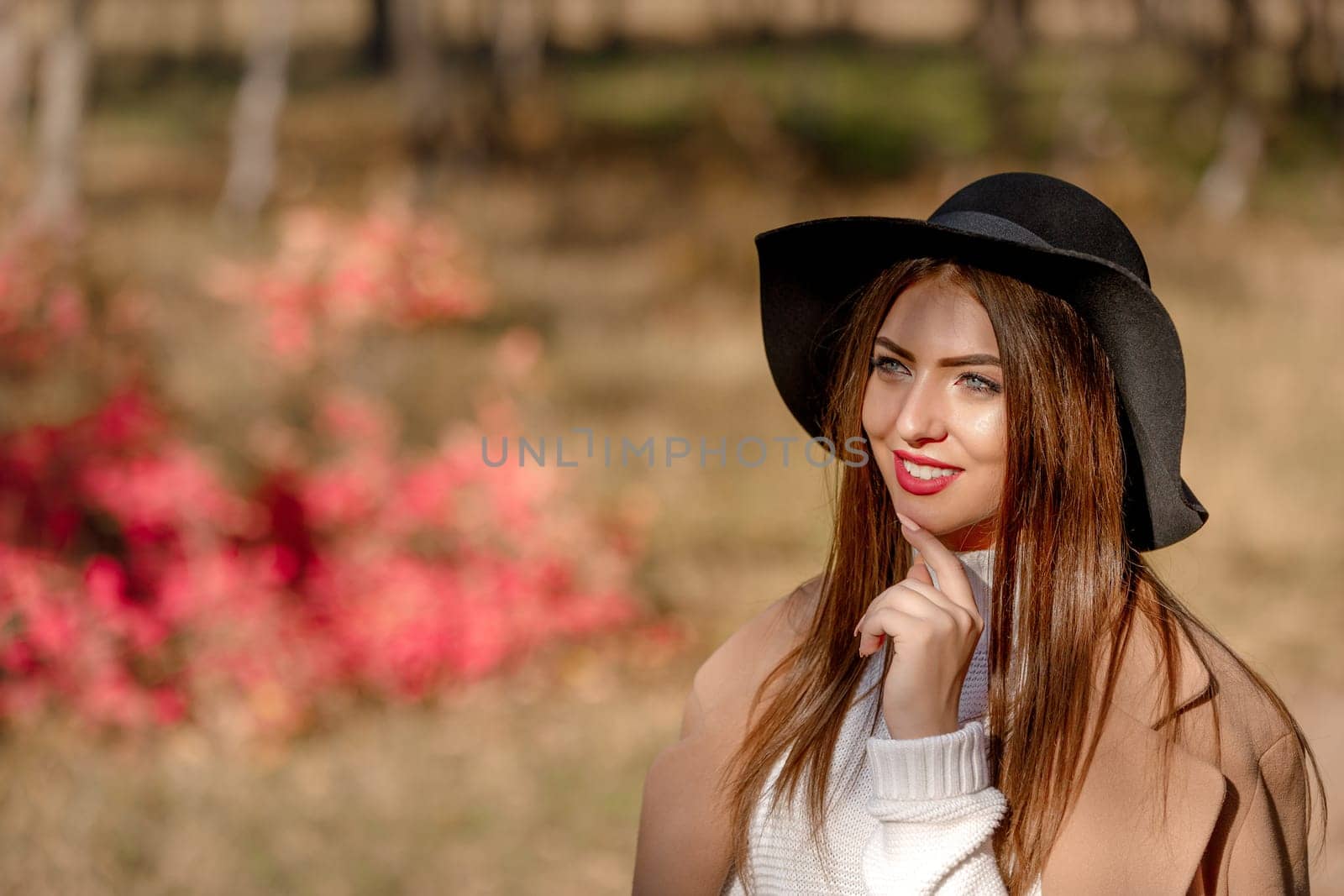 portrait of beautiful young woman in black hat in park in the autumn. copy space