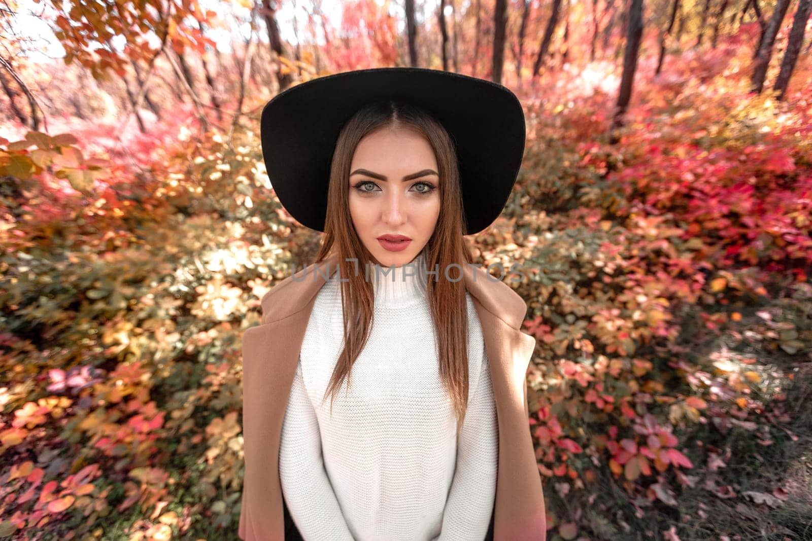 portrait of beautiful woman in black hat on background of yellow and red autumn leaves on sunny day. wide angle