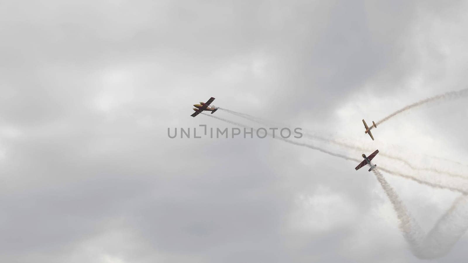 Moscow Russia Zhukovsky Airfield 25 July 2021: performance of aerobatic aircraft Yak-52 the international aerospace salon MAKS-2021.