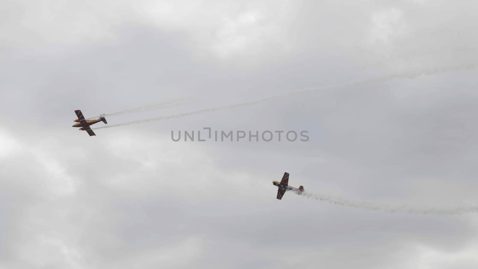 Moscow Russia Zhukovsky Airfield 25 July 2021: performance of aerobatic aircraft Yak-52 the international aerospace salon MAKS-2021.