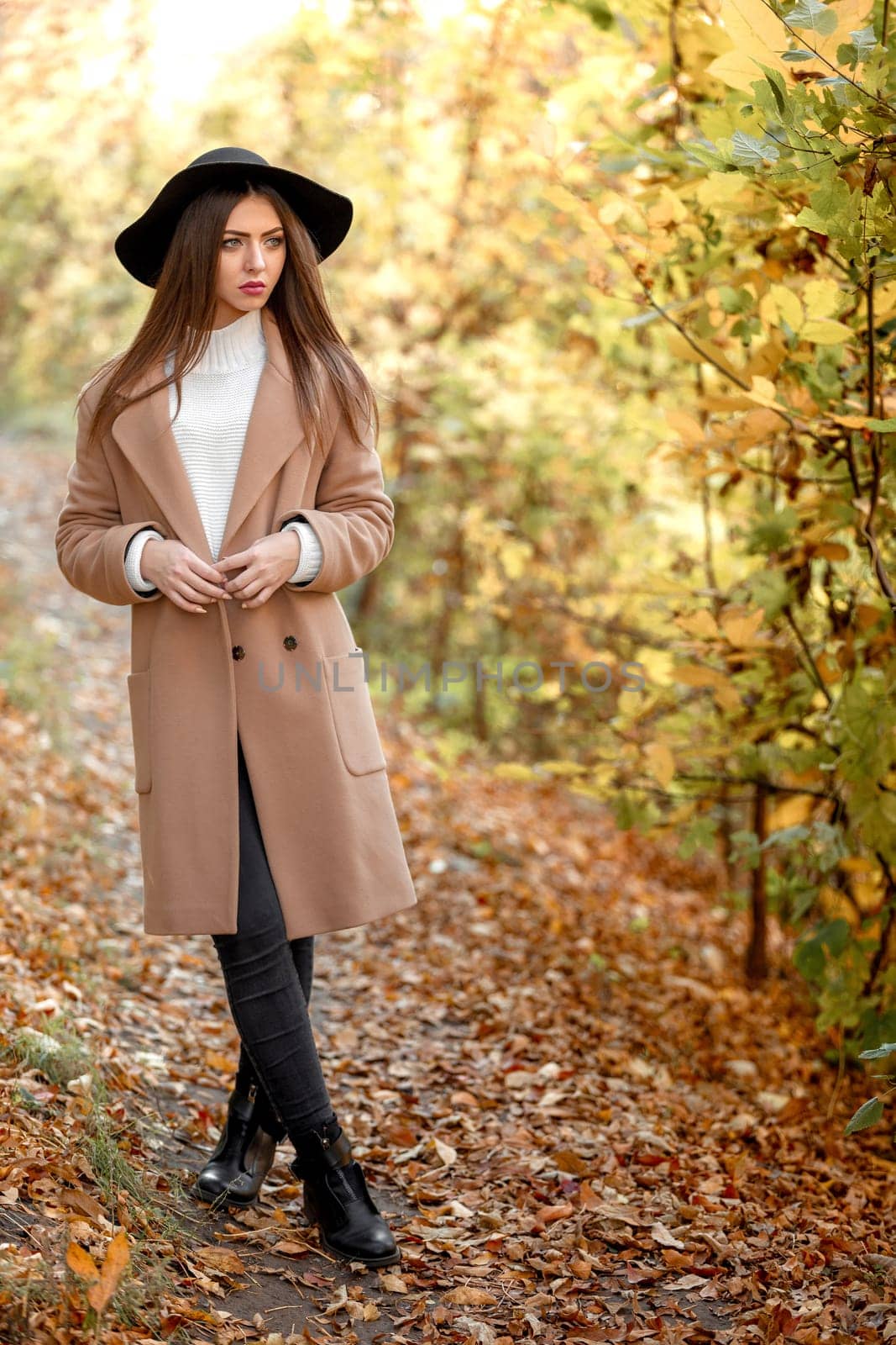 beautiful young woman in coat and black hat posing in park in the autumn